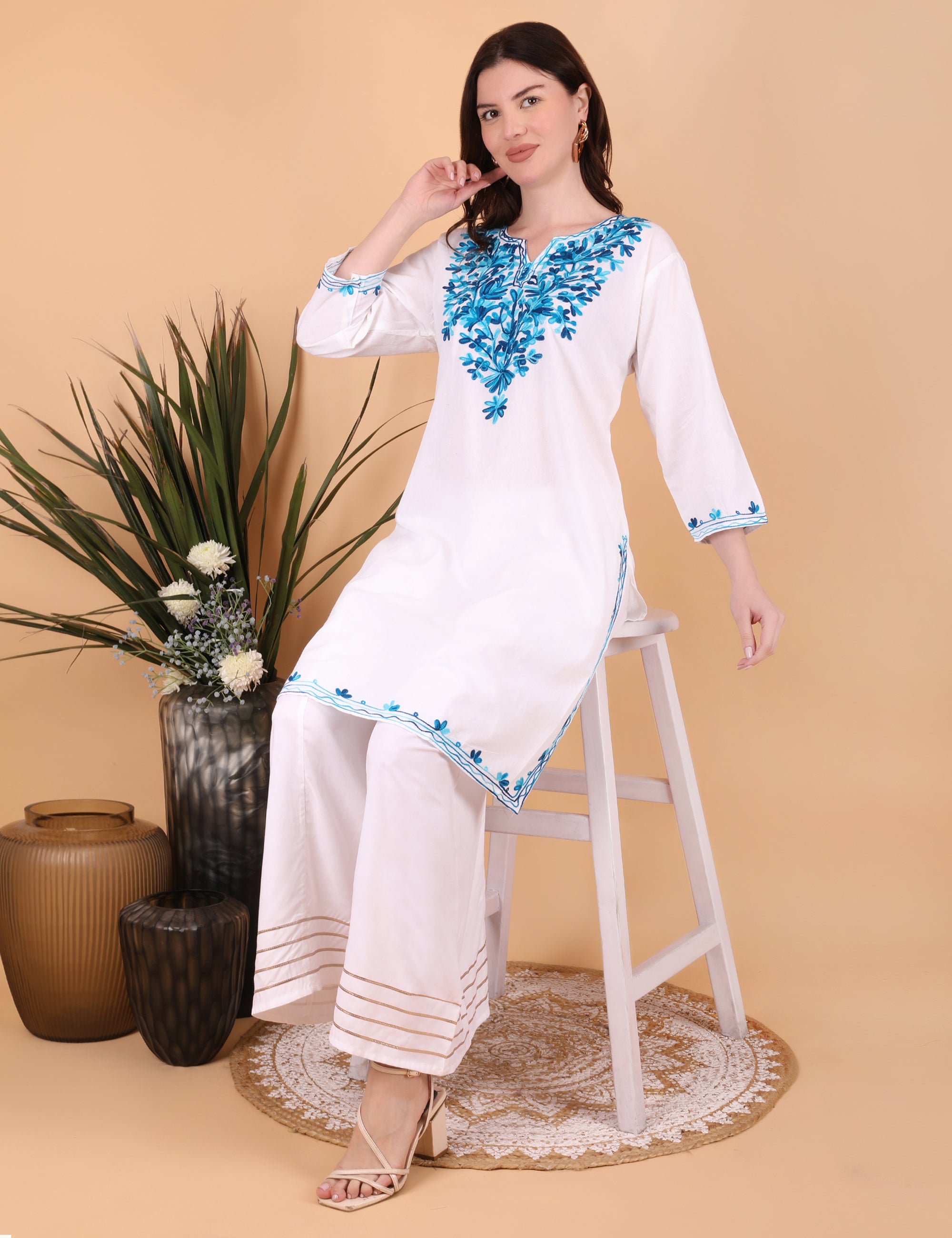 Women Traditional Kashmiri Long Kurti with Floral Embroidery, 3/4 Sleeves, Ethnic Wear