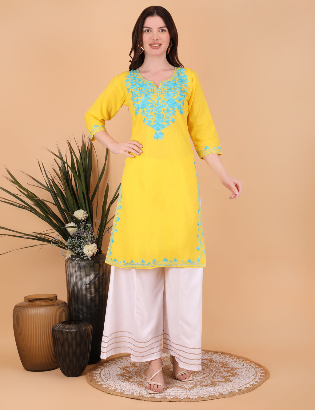 Women Cotton Kashmiri Embriodered Long Regular Fit Kurti
