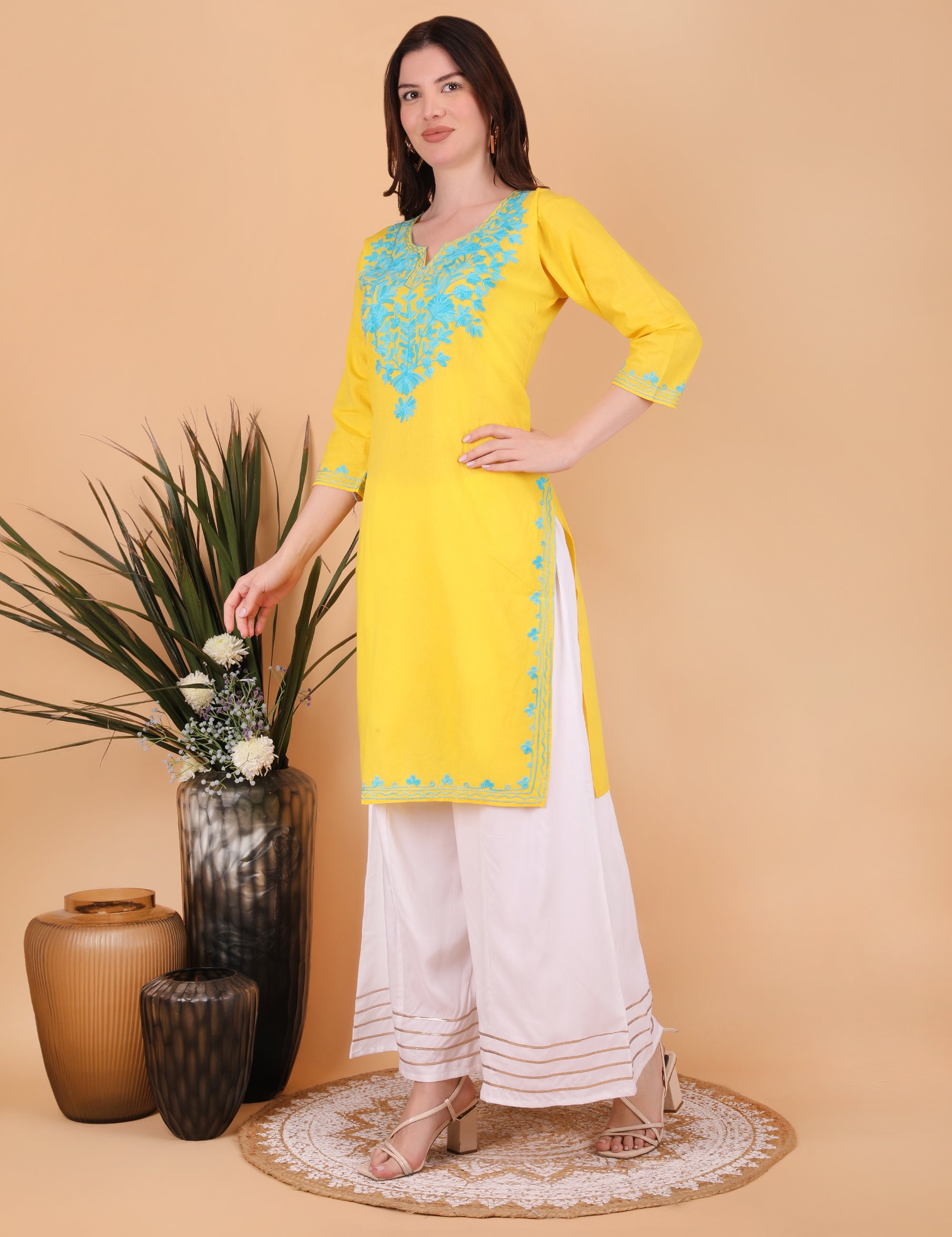 Women Cotton Kashmiri Embriodered Long Regular Fit Kurti