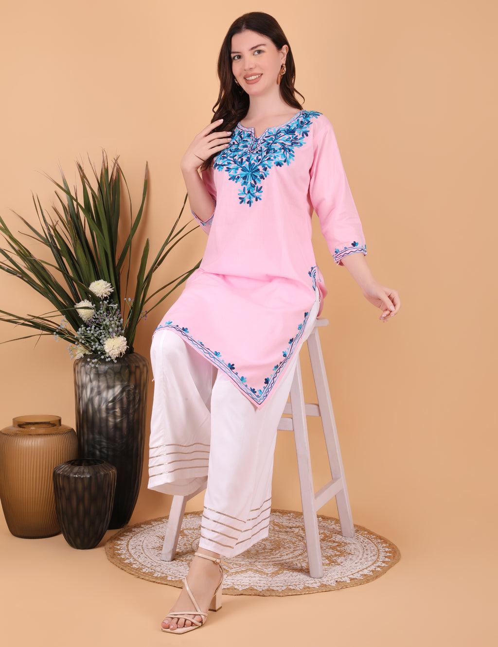 Women Cotton Kashmiri Embriodered Long Regular Fit Kurti