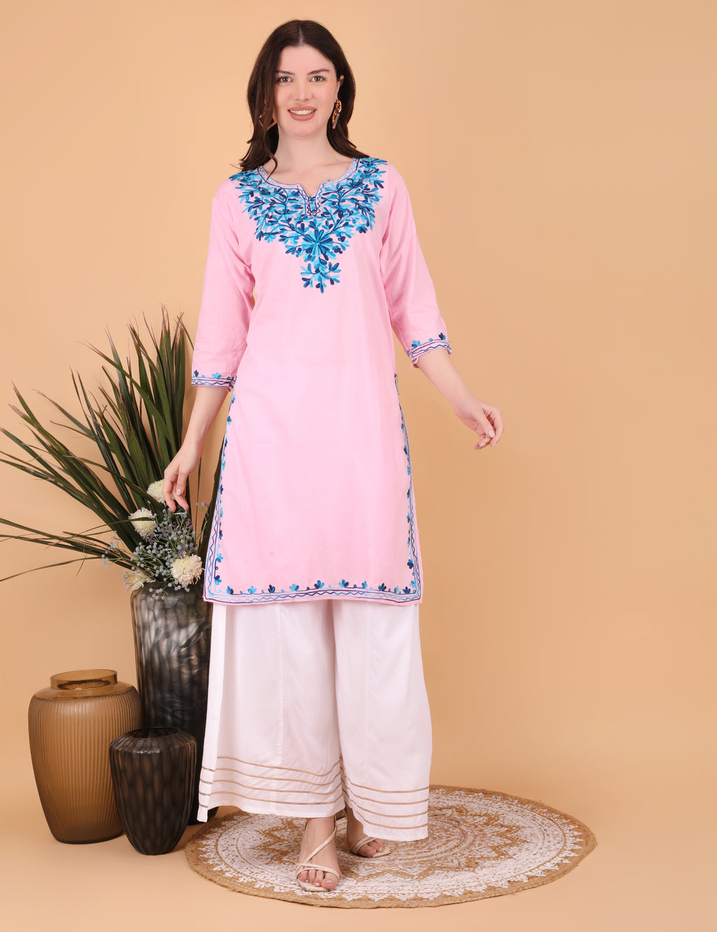 Women Cotton Kashmiri Embriodered Long Regular Fit Kurti