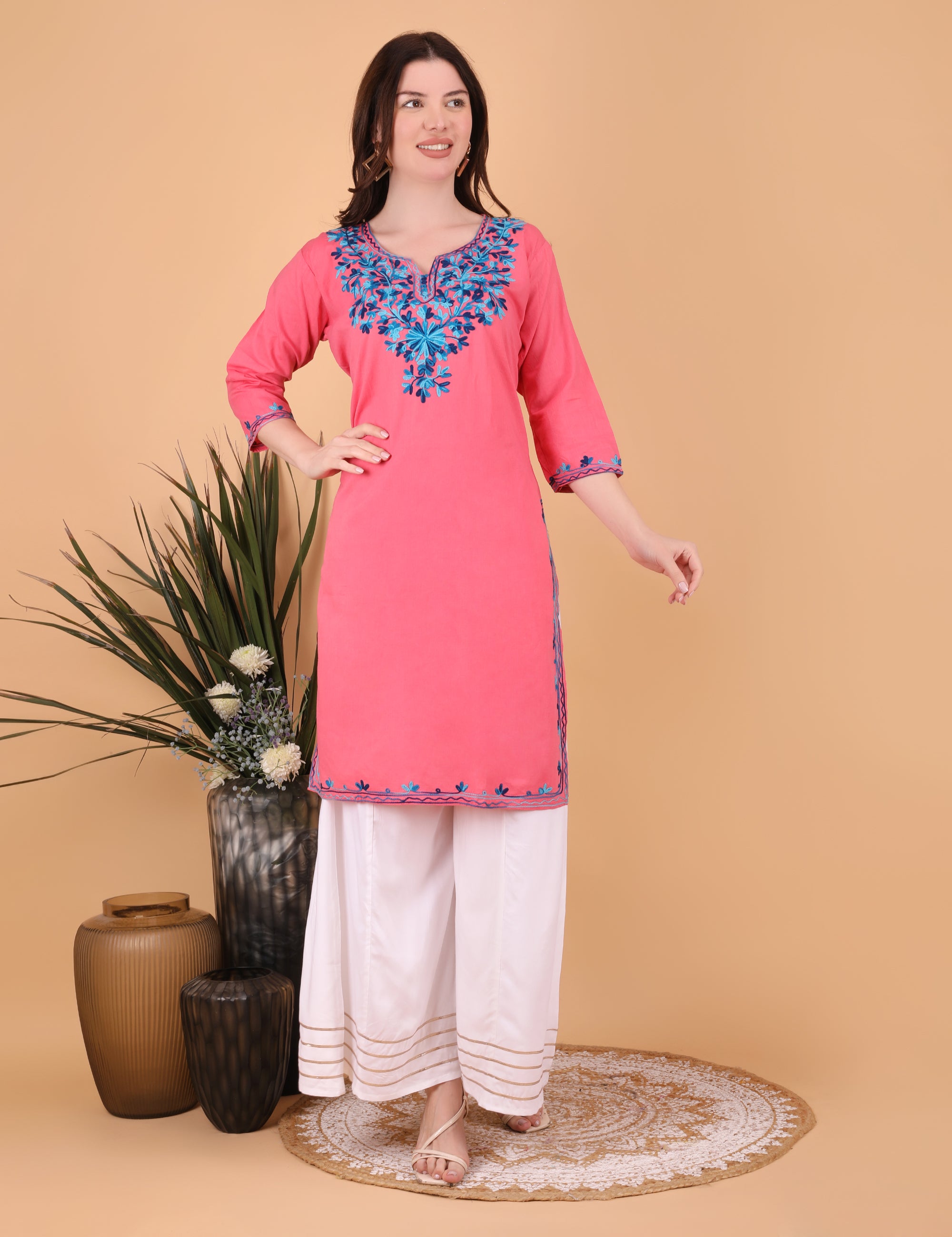 Women Cotton Kashmiri Embriodered Long Regular Fit Kurti