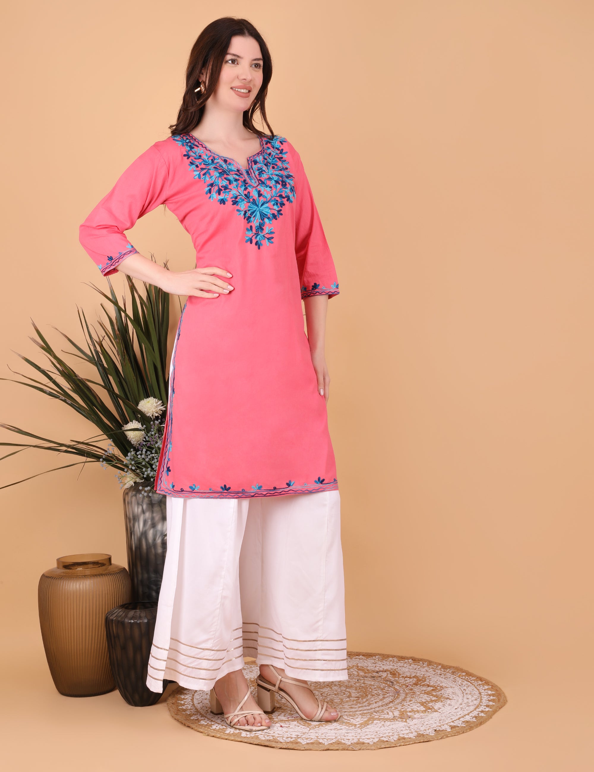 Women Cotton Kashmiri Embriodered Long Regular Fit Kurti