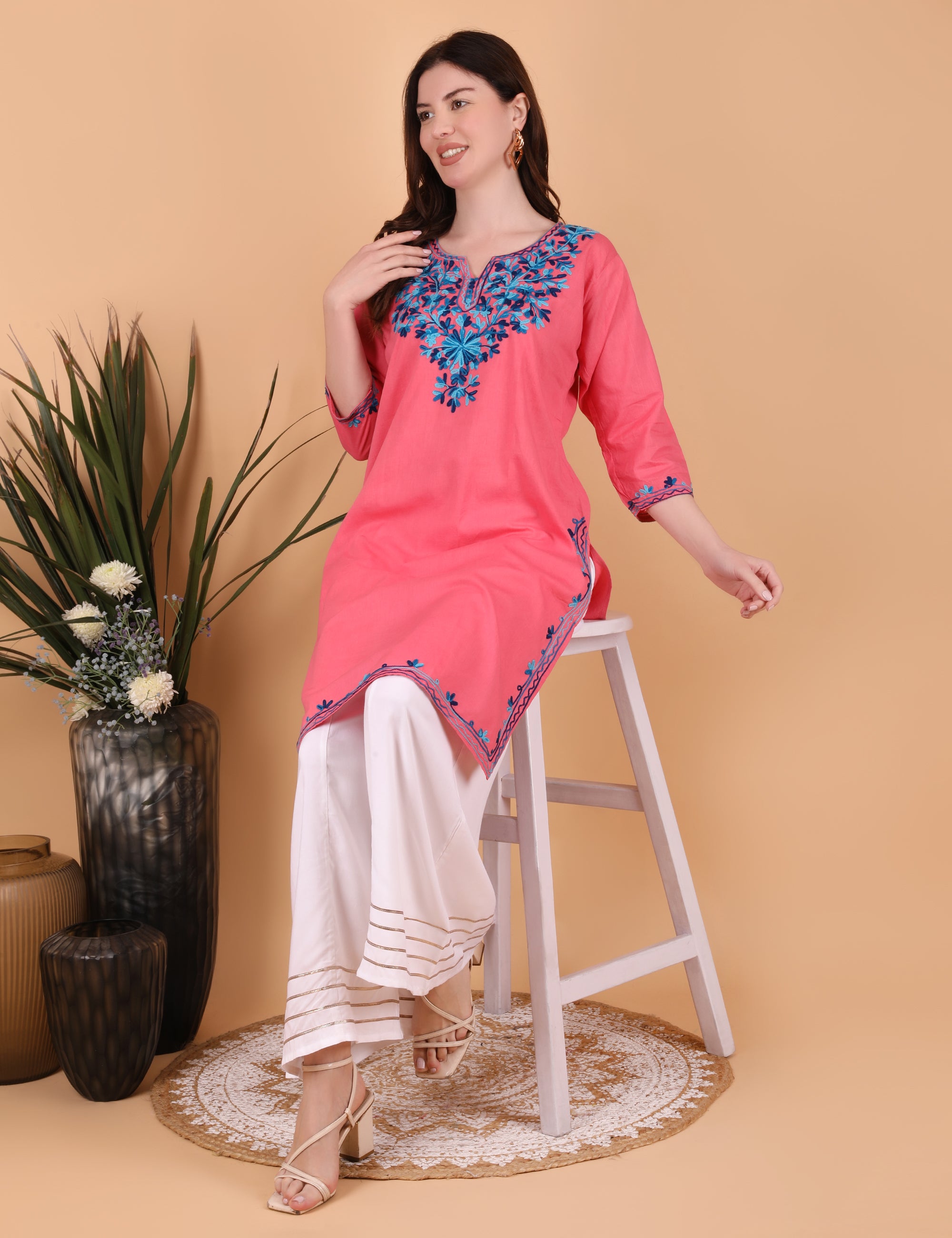 Women Cotton Kashmiri Embriodered Long Regular Fit Kurti