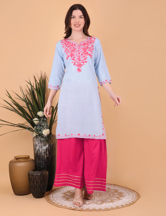 Women's Cotton Straight Kashmiri Embroidery Kurti