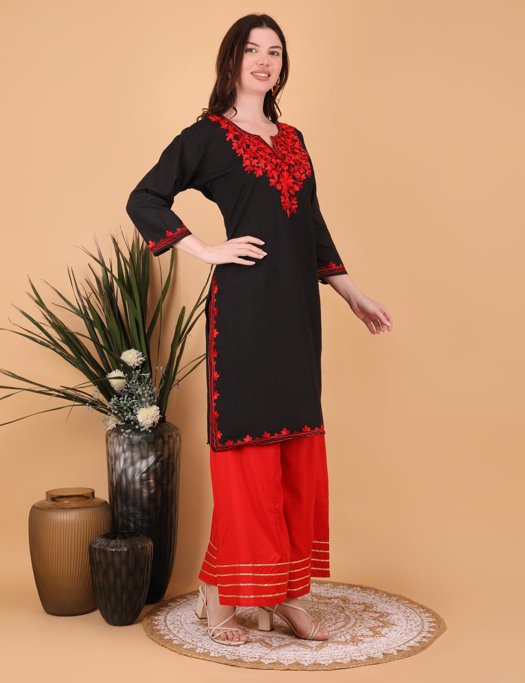 Women Cotton Kashmiri Embriodered Long Regular Fit Kurti