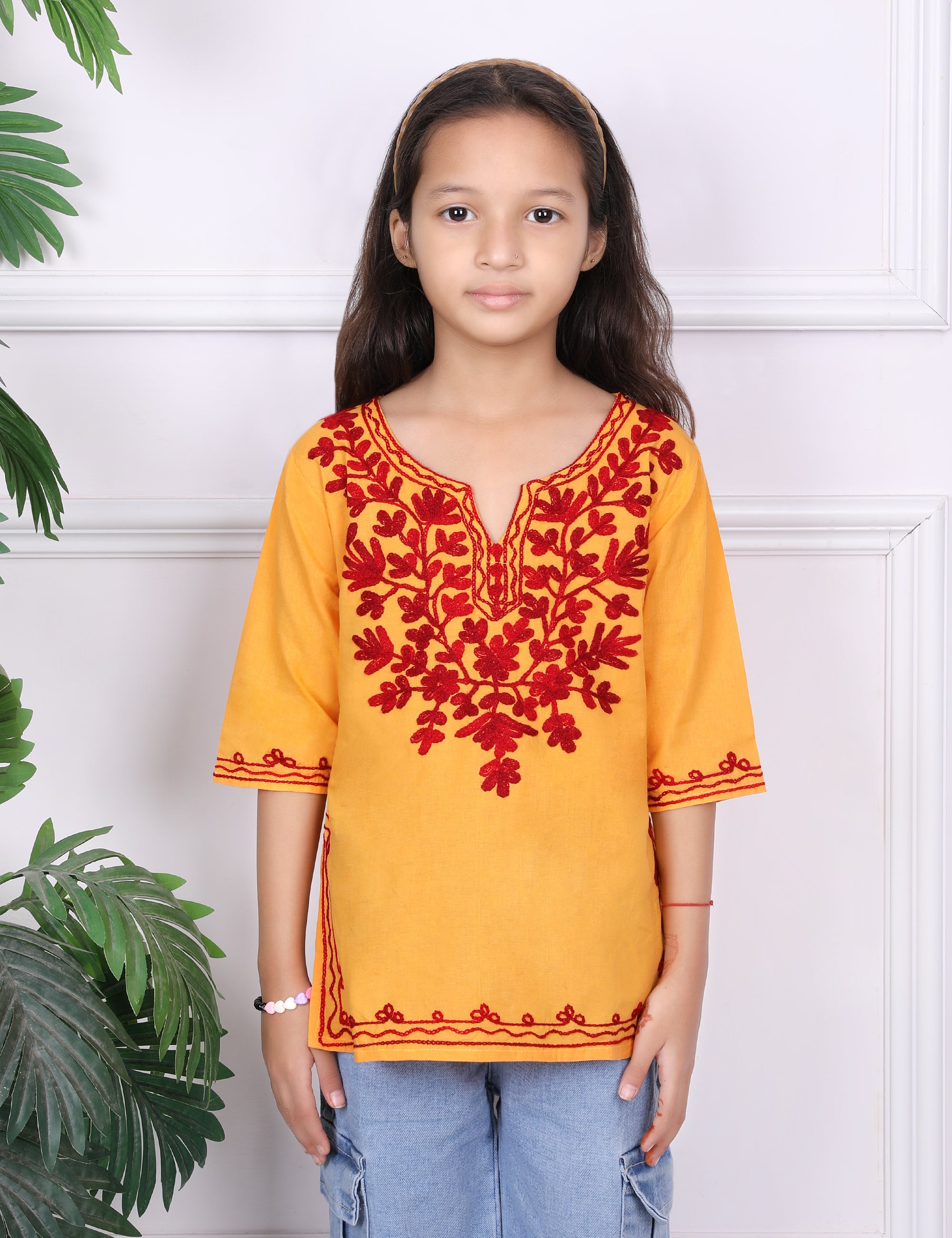 Kids Traditional Kashmiri Kurti with Floral Embroidery, 3/4 Sleeves, Ethnic Wear