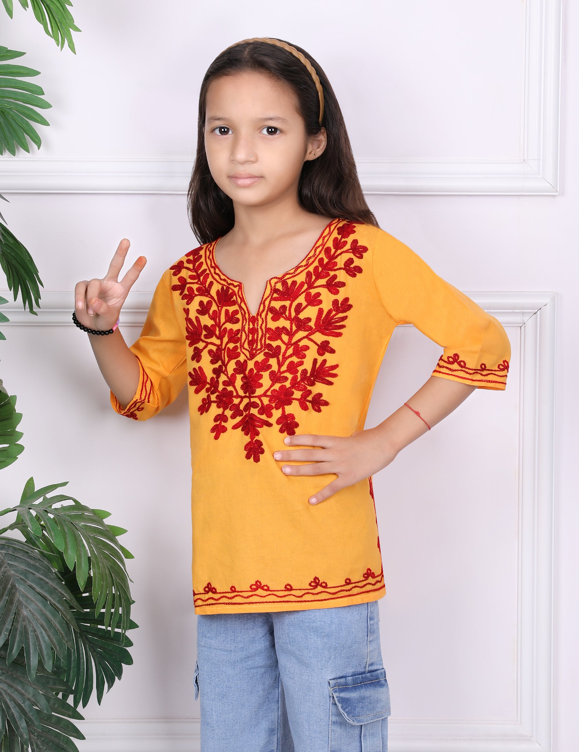 Kids Traditional Kashmiri Kurti with Floral Embroidery, 3/4 Sleeves, Ethnic Wear