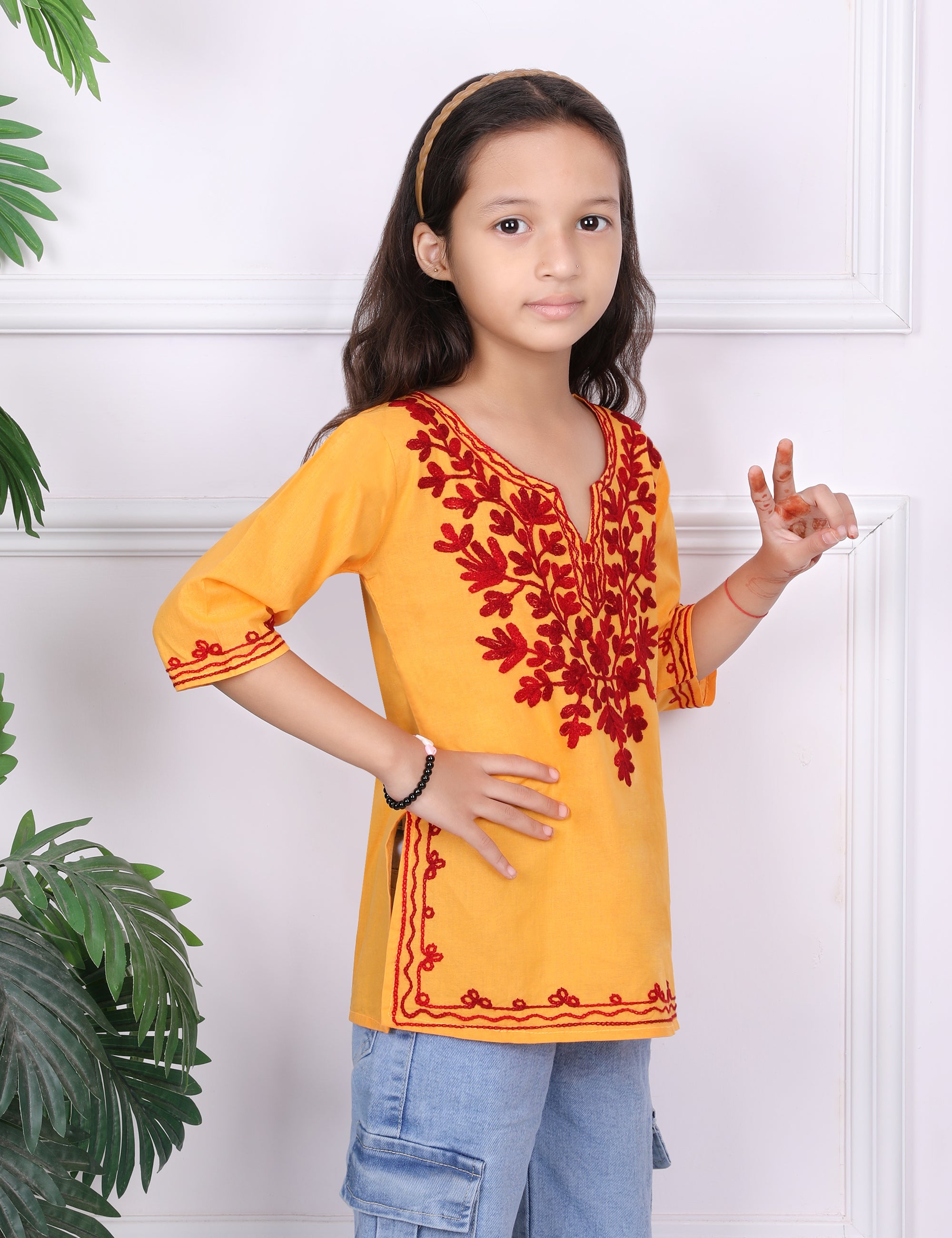 Kids Traditional Kashmiri Kurti with Floral Embroidery, 3/4 Sleeves, Ethnic Wear