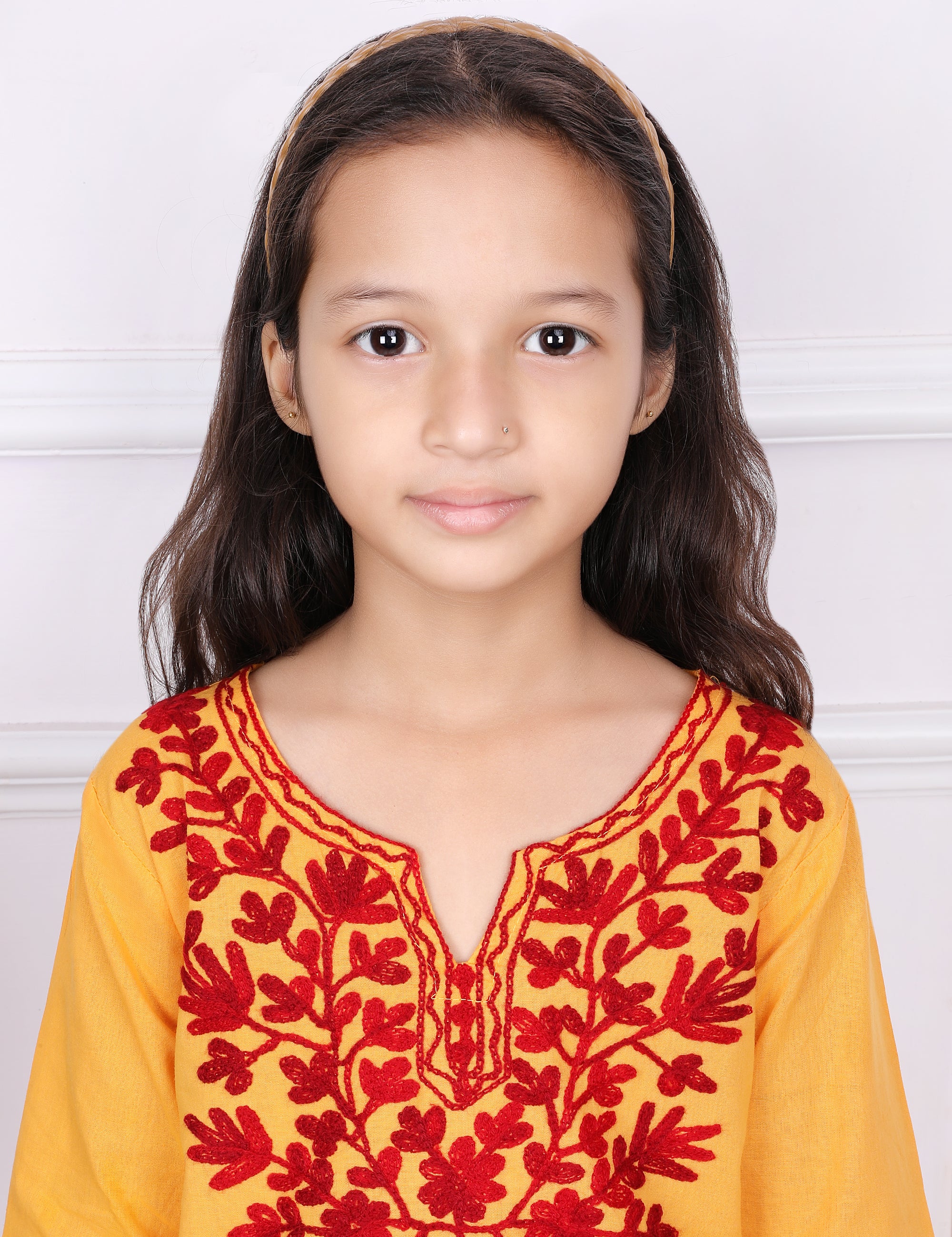 Kids Traditional Kashmiri Kurti with Floral Embroidery, 3/4 Sleeves, Ethnic Wear