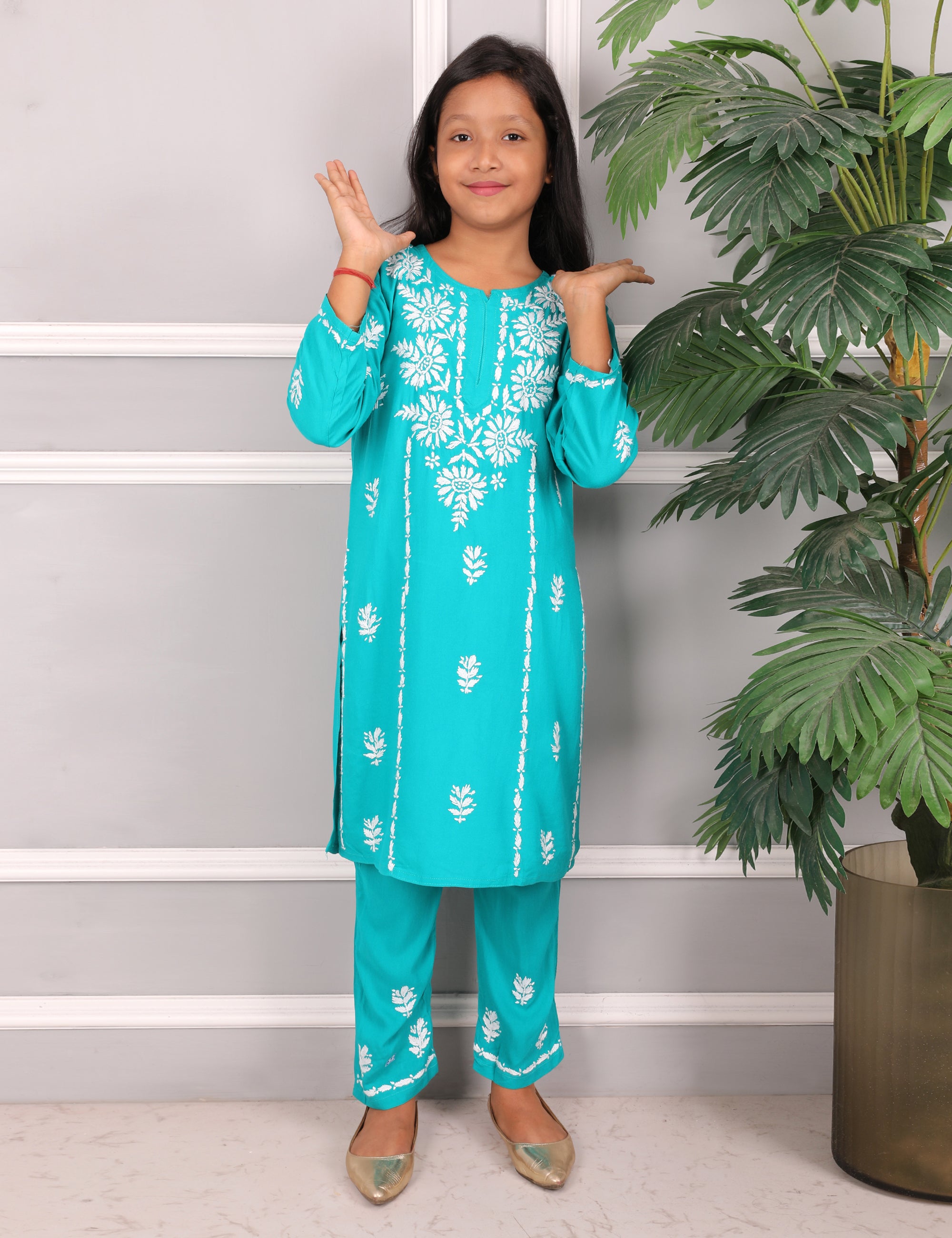 Kids Traditional Lucknowi Chikankari Kurti Paint Set, with White Floral Embroidery, 3/4 Sleeves, Ethnic Wear