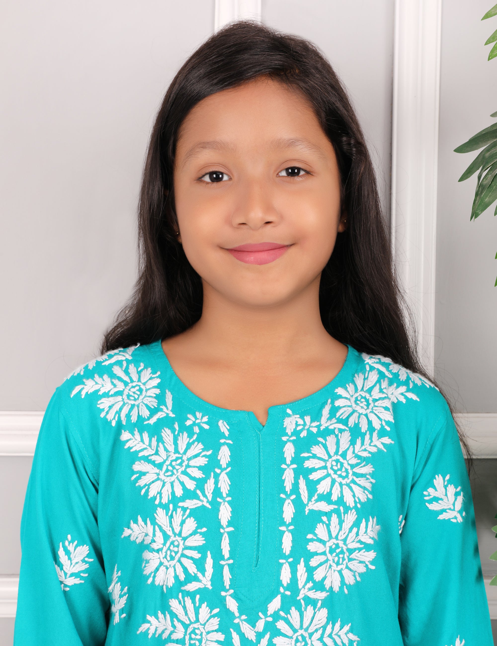 Kids Traditional Lucknowi Chikankari Kurti Paint Set, with White Floral Embroidery, 3/4 Sleeves, Ethnic Wear