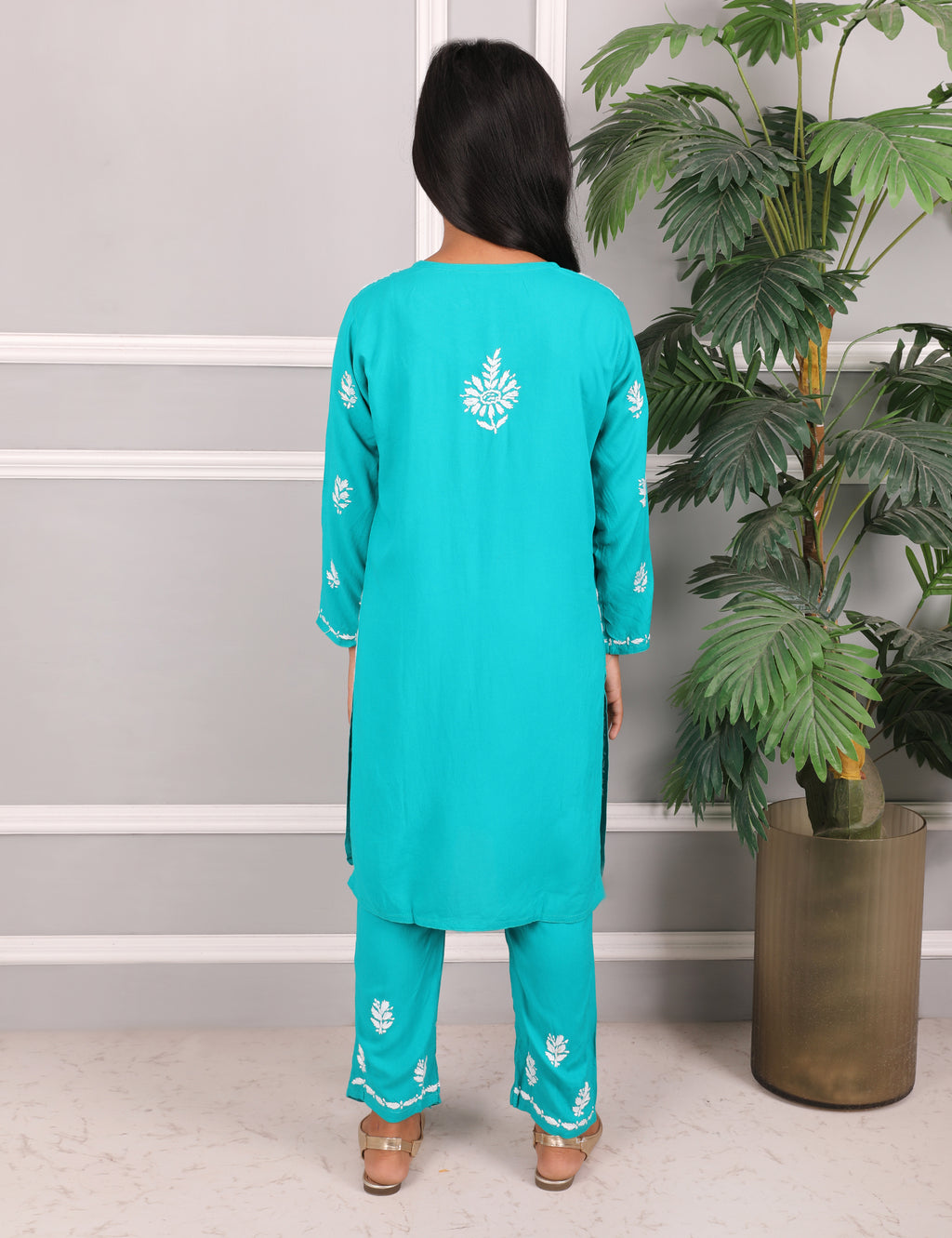 Kids Traditional Lucknowi Chikankari Kurti Paint Set, 3/4 Sleeves, Ethnic Wear