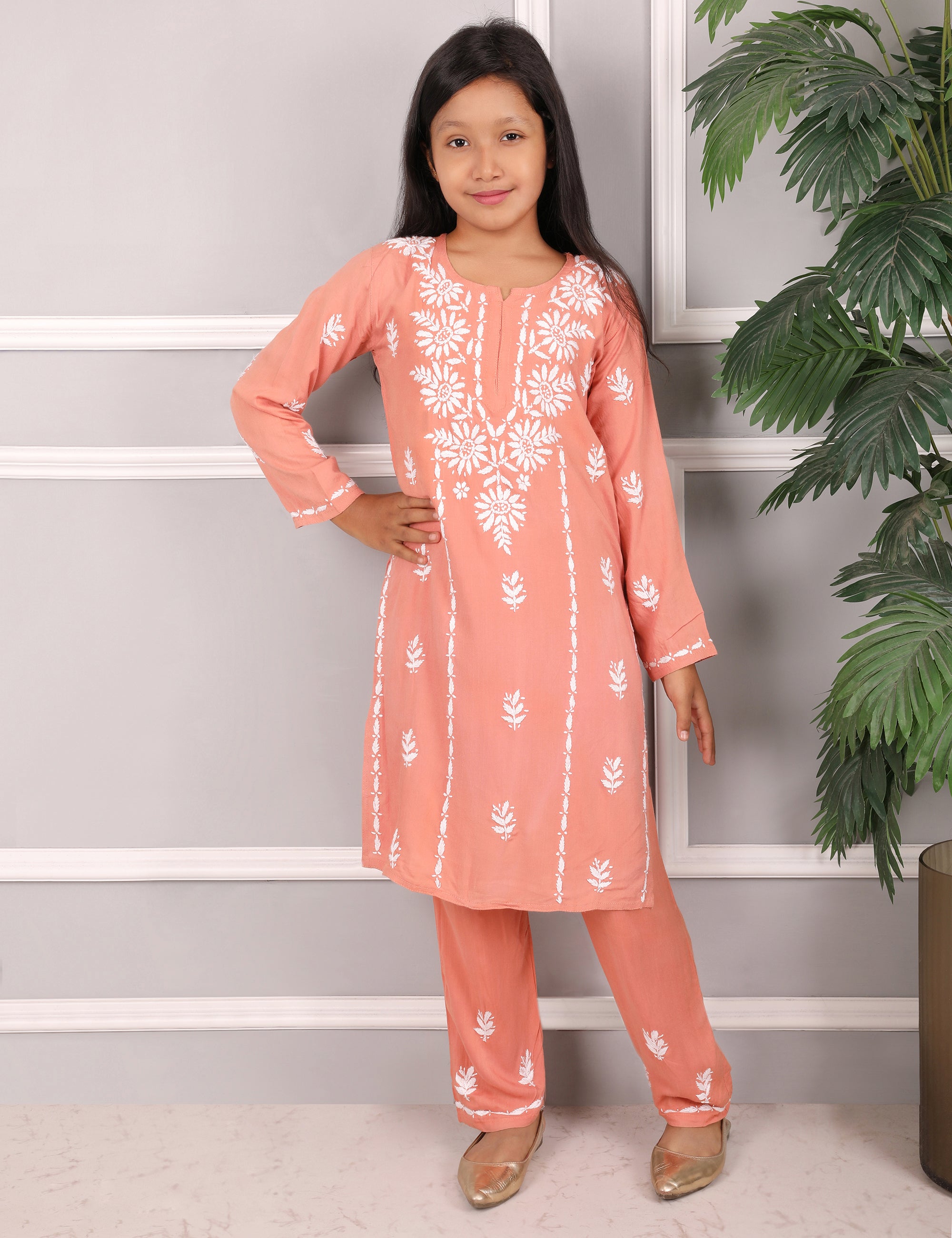 Kids Traditional Lucknowi Chikankari Kurti Paint Set, with White Floral Embroidery, 3/4 Sleeves, Ethnic Wear