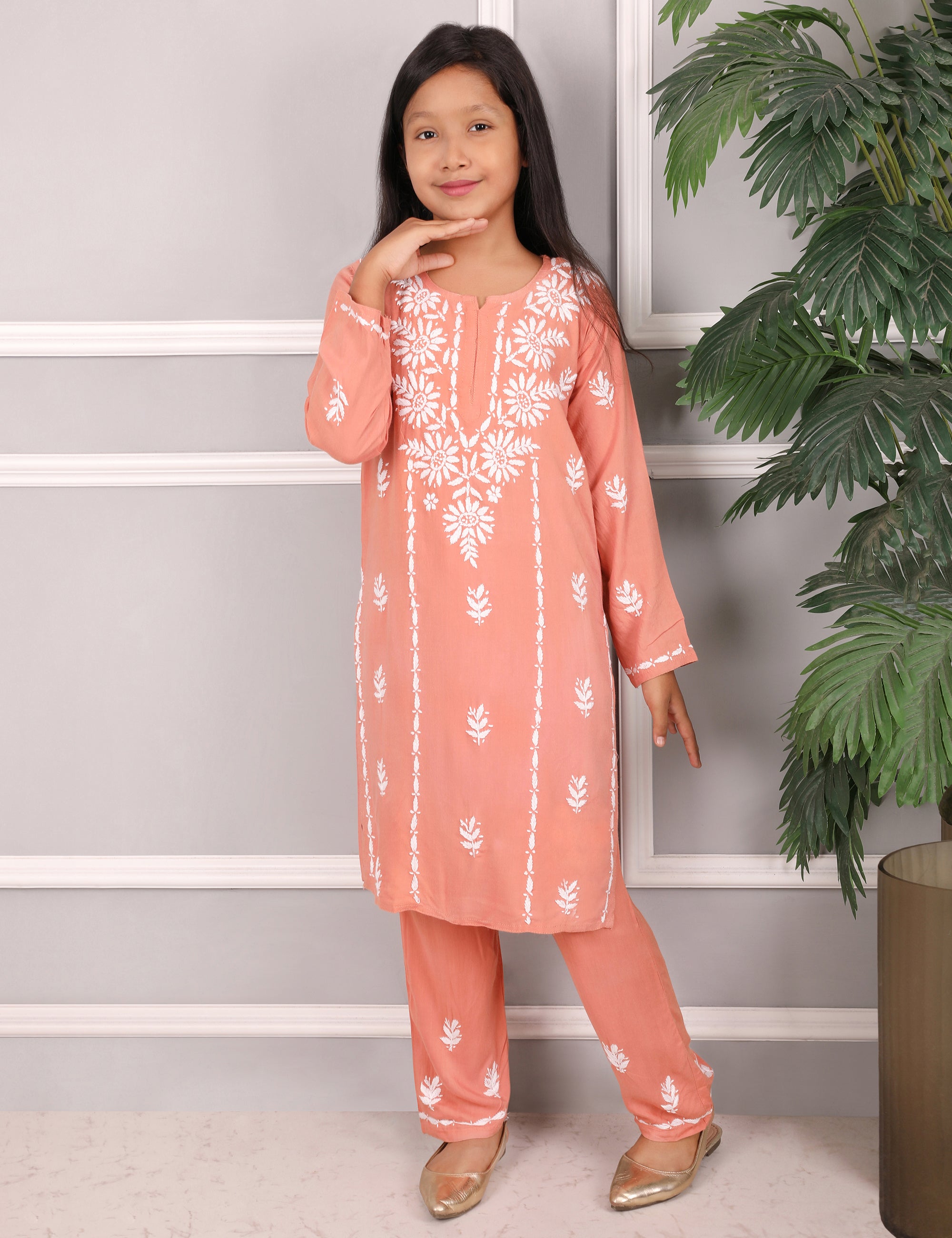 Kids Traditional Lucknowi Chikankari Kurti Paint Set, with White Floral Embroidery, 3/4 Sleeves, Ethnic Wear