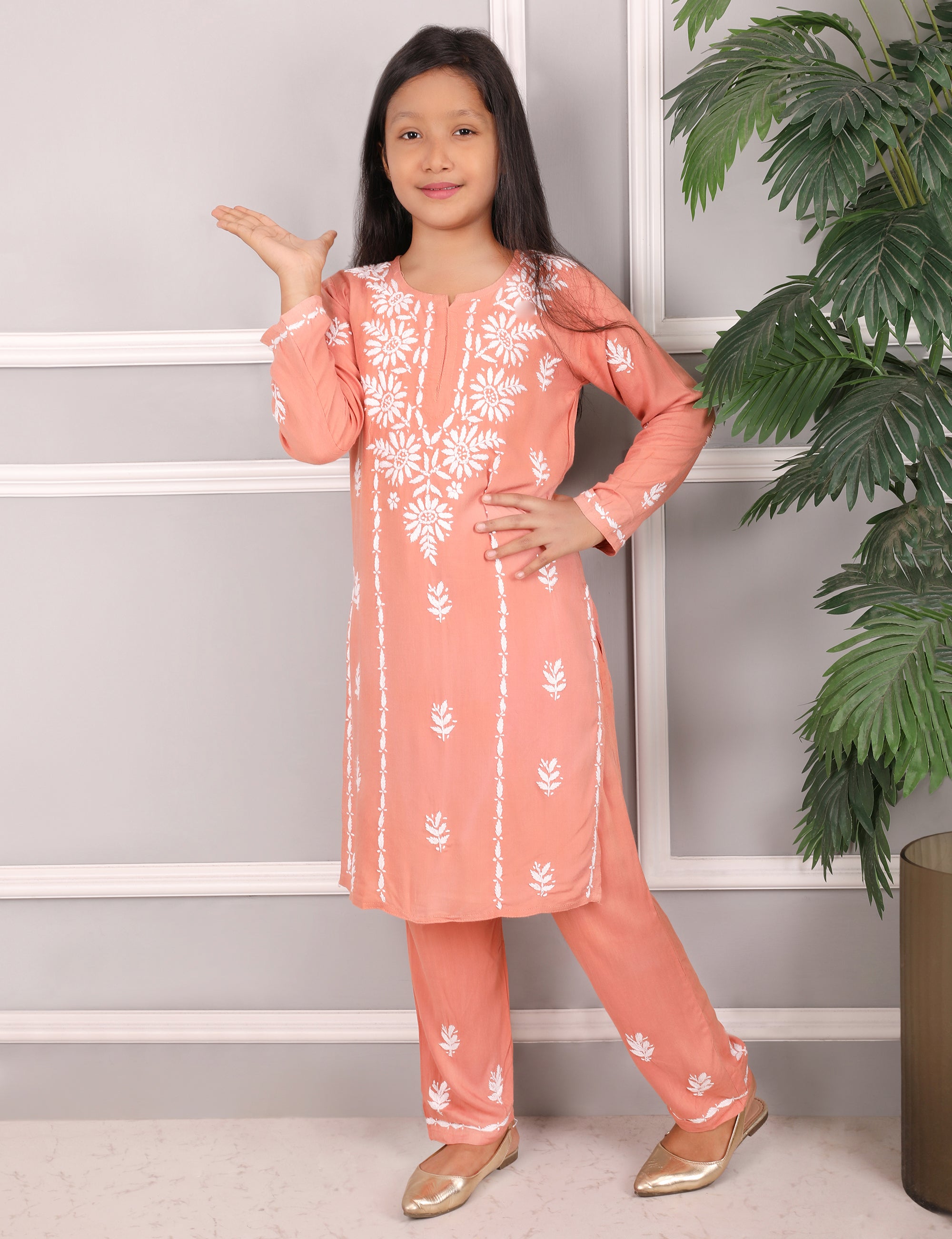 Kids Traditional Lucknowi Chikankari Kurti Paint Set, with White Floral Embroidery, 3/4 Sleeves, Ethnic Wear