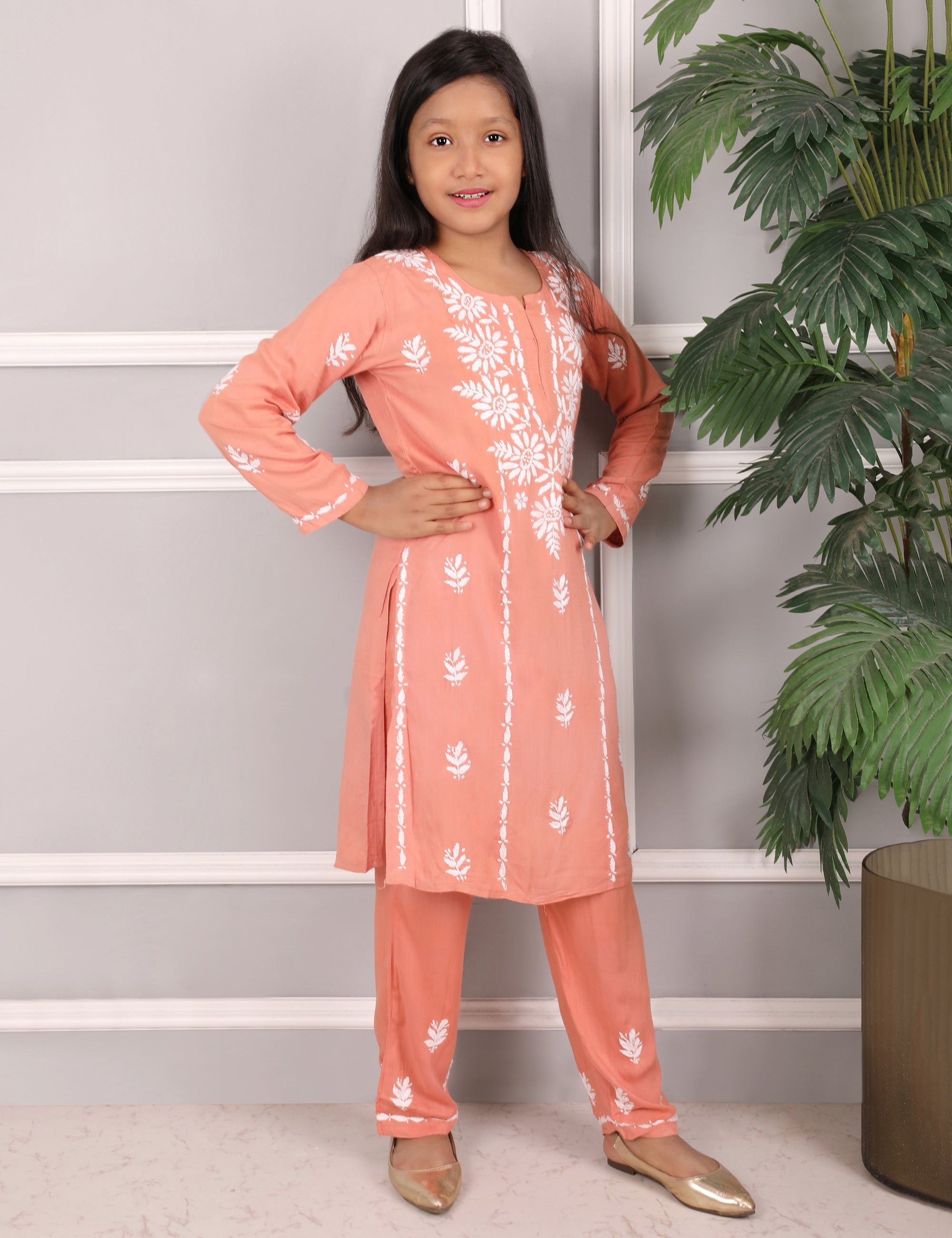 Kids Traditional Lucknowi Chikankari Kurti Paint Set, with White Floral Embroidery, 3/4 Sleeves, Ethnic Wear