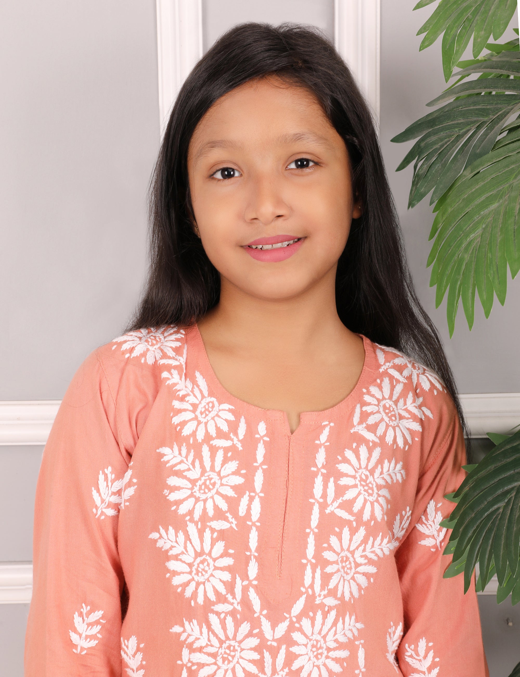 Kids Traditional Lucknowi Chikankari Kurti Paint Set, with White Floral Embroidery, 3/4 Sleeves, Ethnic Wear