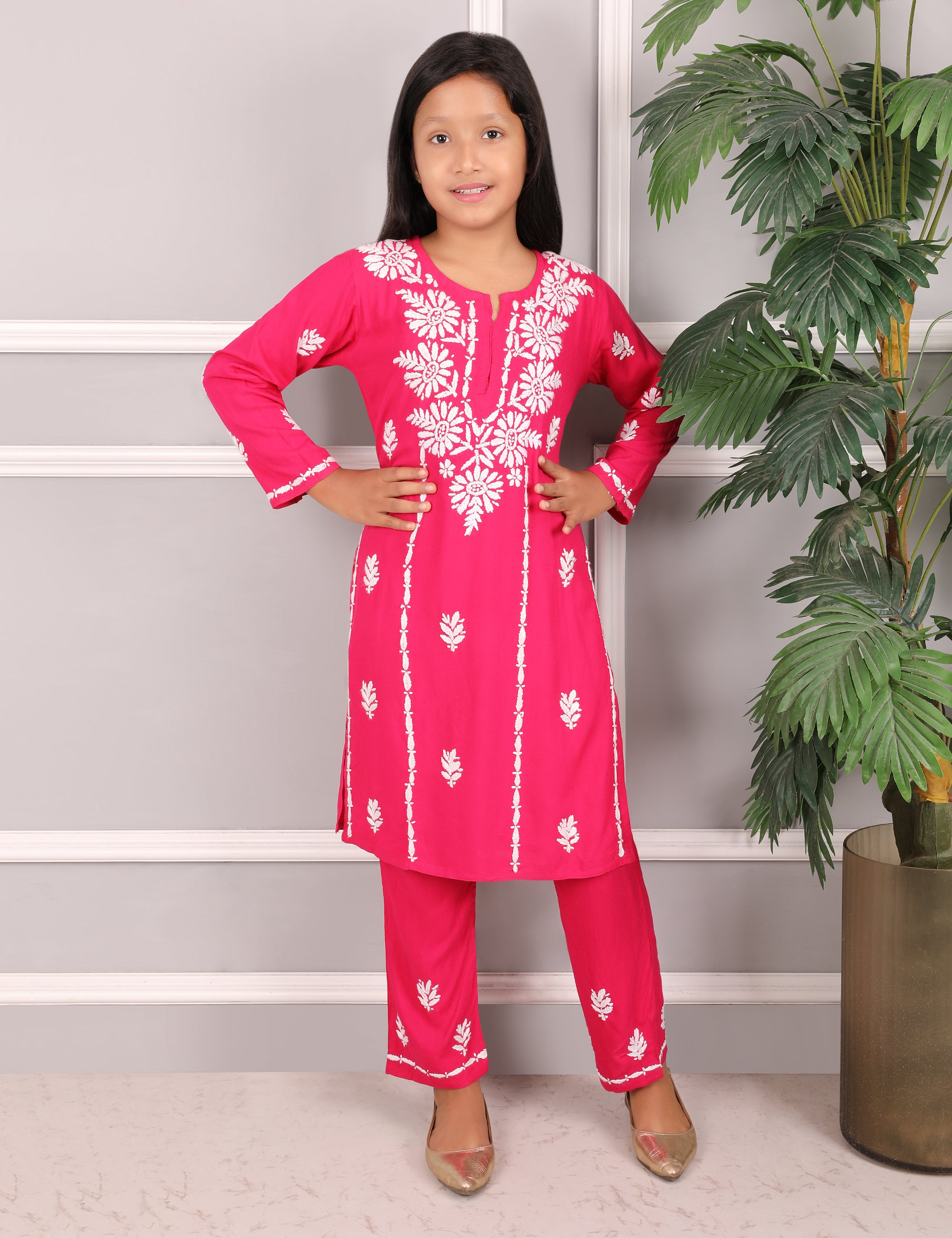 Kids Traditional Lucknowi Chikankari Kurti Paint Set, with White Floral Embroidery, 3/4 Sleeves, Ethnic Wear