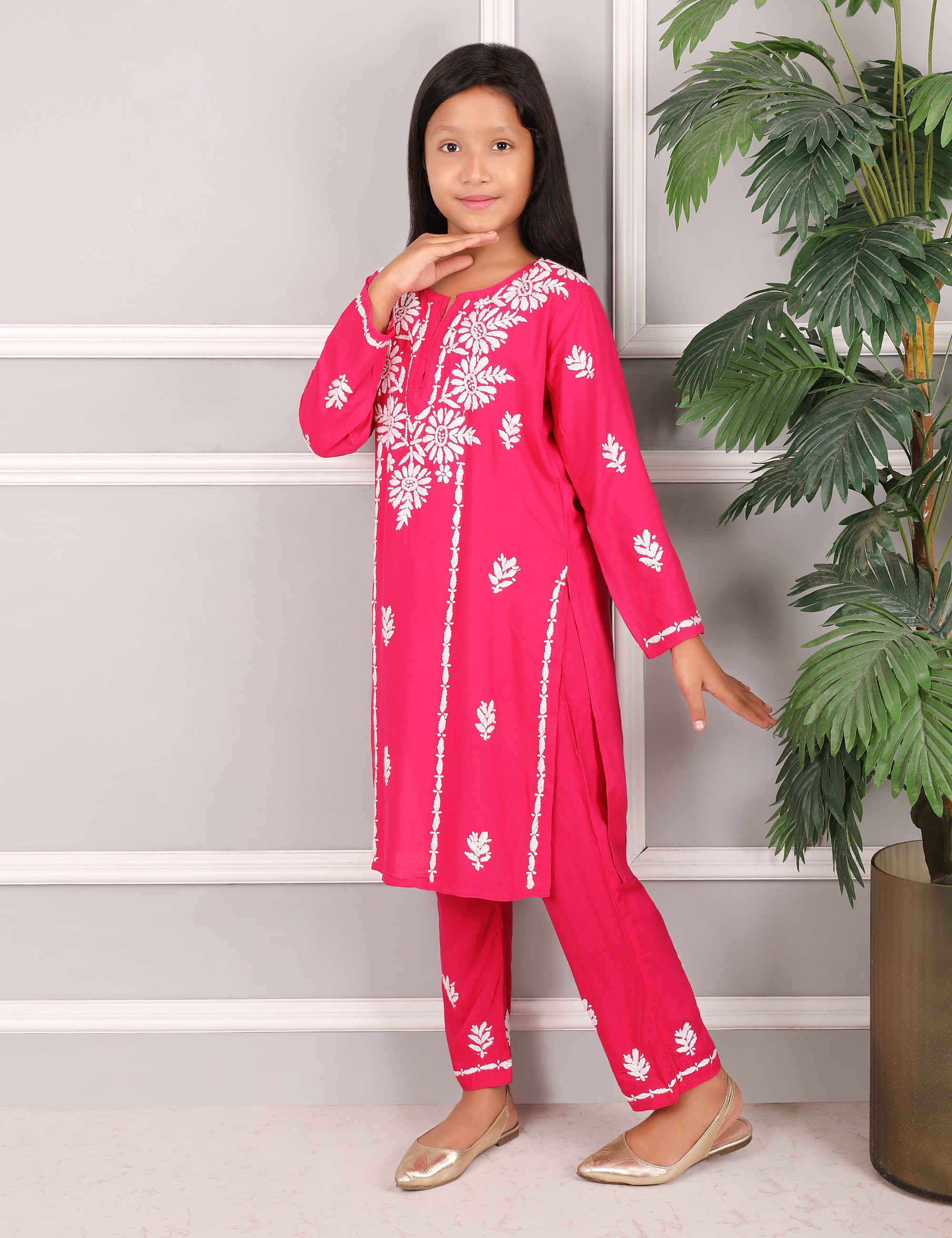 Kids Traditional Lucknowi Chikankari Kurti Paint Set, with White Floral Embroidery, 3/4 Sleeves, Ethnic Wear