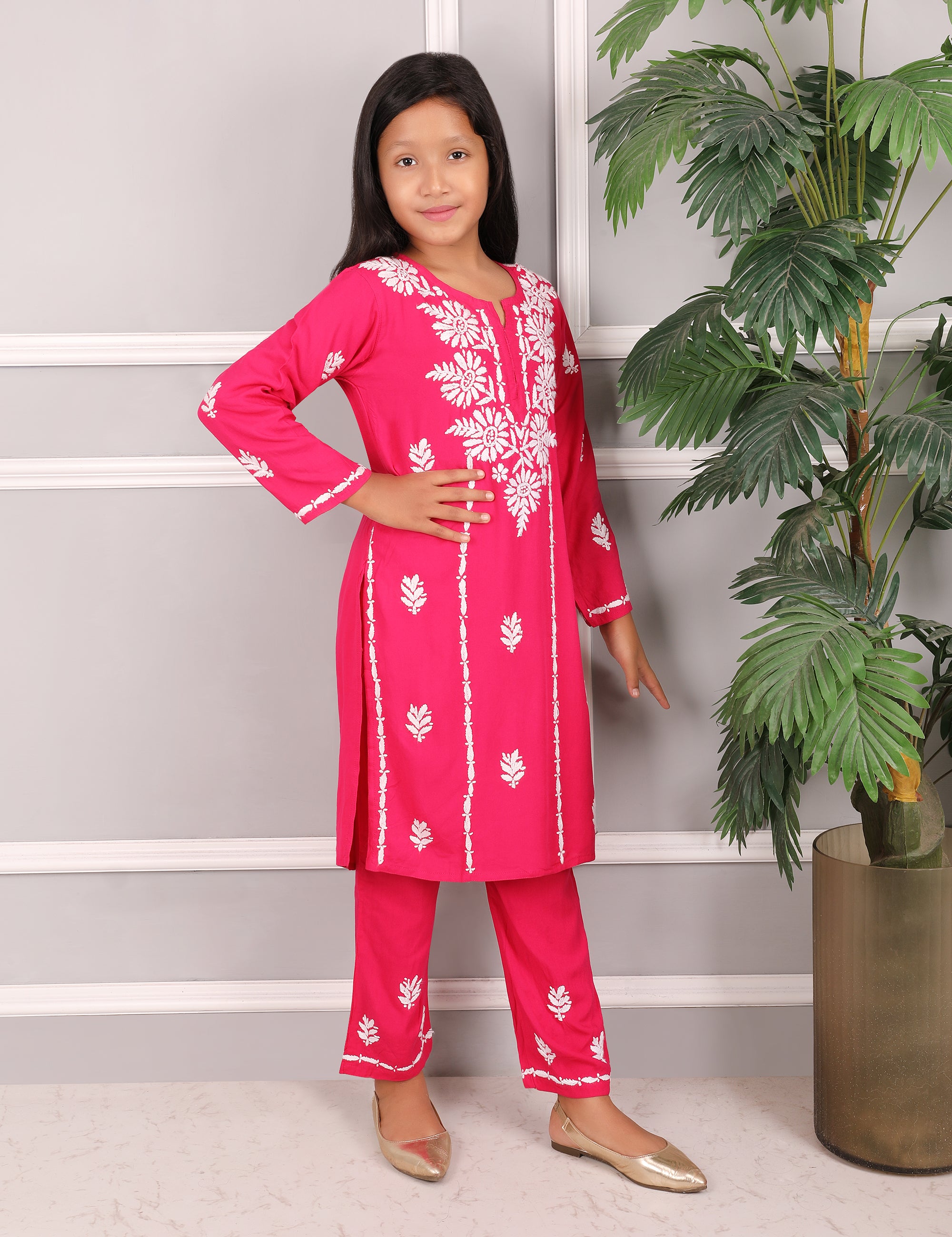 Kids Traditional Lucknowi Chikankari Kurti Paint Set, with White Floral Embroidery, 3/4 Sleeves, Ethnic Wear