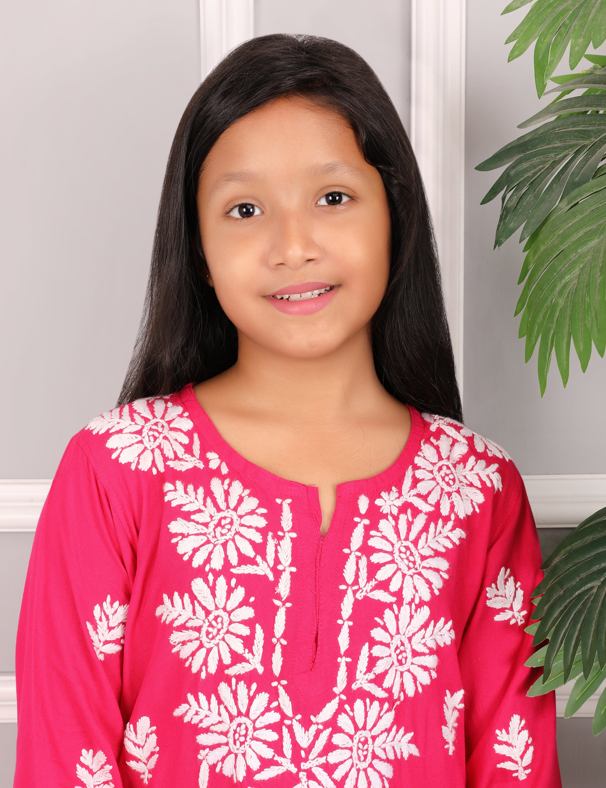 Kids Traditional Lucknowi Chikankari Kurti Paint Set, with White Floral Embroidery, 3/4 Sleeves, Ethnic Wear