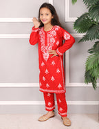 iKRABIB Kids Lucknowi Chikankari Kurti & Pant Set, 3/4 Sleeves