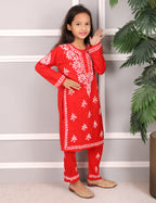 iKRABIB Kids Lucknowi Chikankari Kurti & Pant Set, 3/4 Sleeves