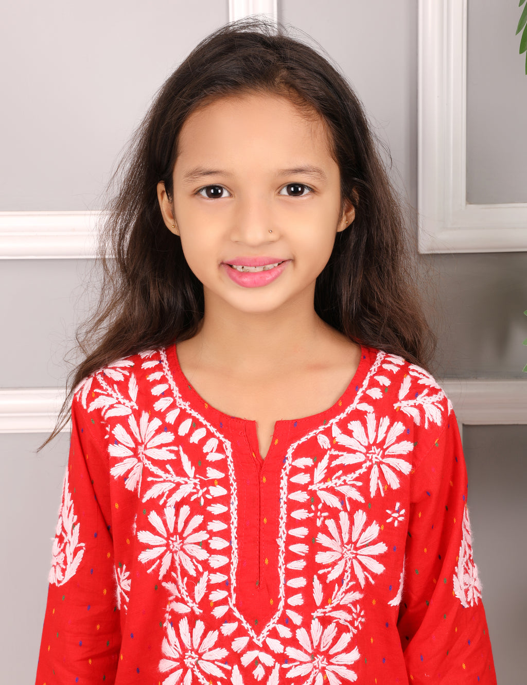 iKRABIB Kids Lucknowi Chikankari Kurti & Pant Set, 3/4 Sleeves