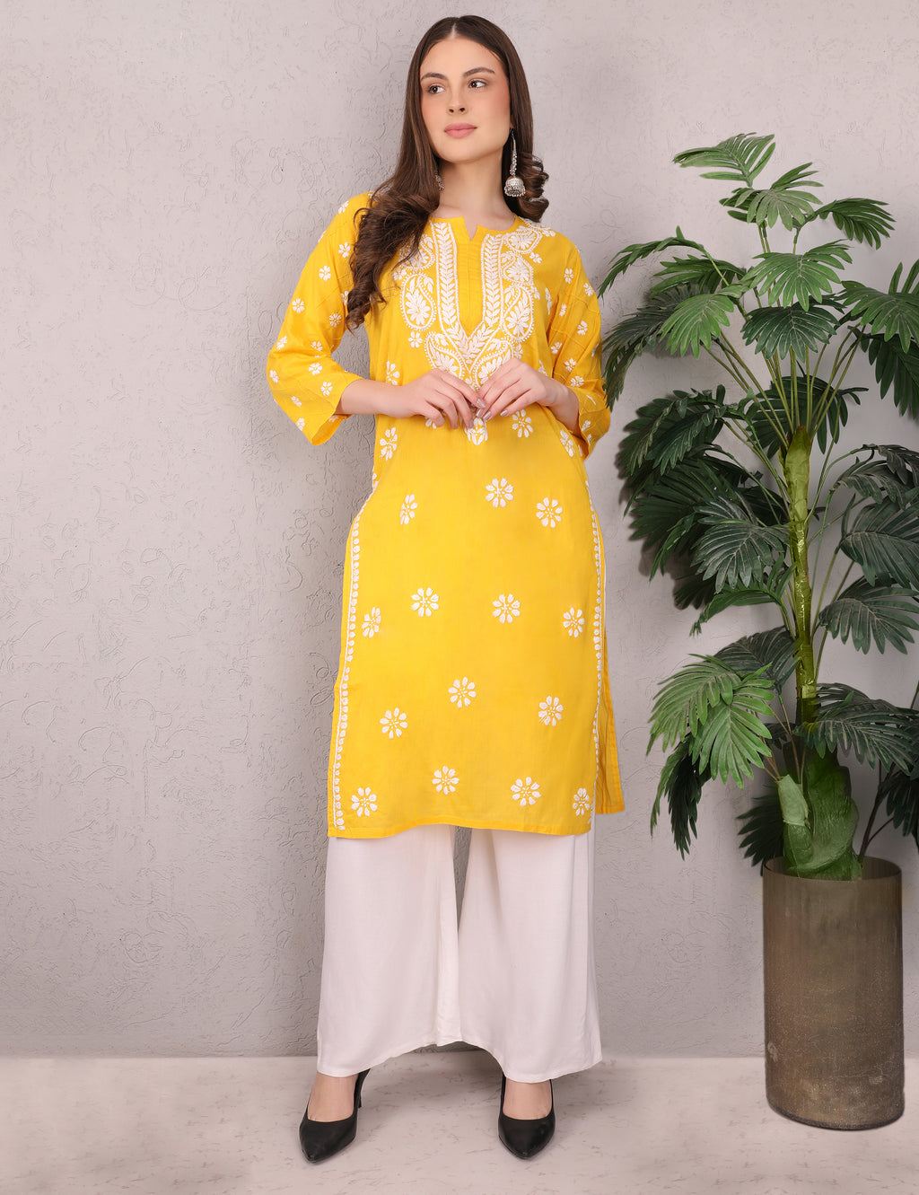 iKRABIB Women's Traditional Chikankari Kurti, 3/4 Sleeves