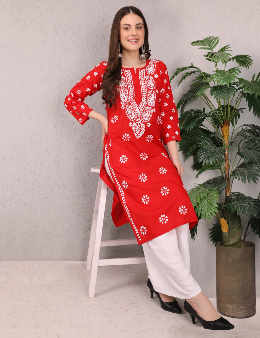 iKRABIB Women's Traditional Chikankari Kurti, 3/4 Sleeves
