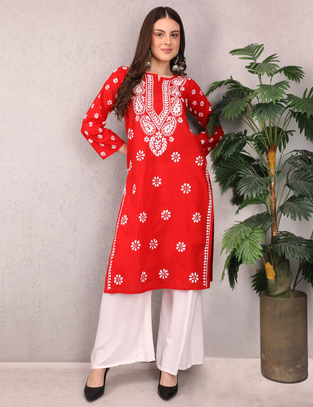 iKRABIB Women's Traditional Chikankari Kurti, 3/4 Sleeves
