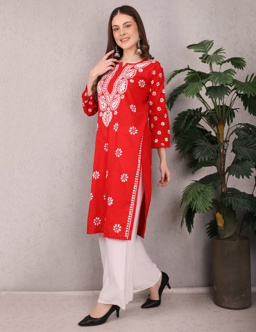 iKRABIB Women's Traditional Chikankari Kurti, 3/4 Sleeves