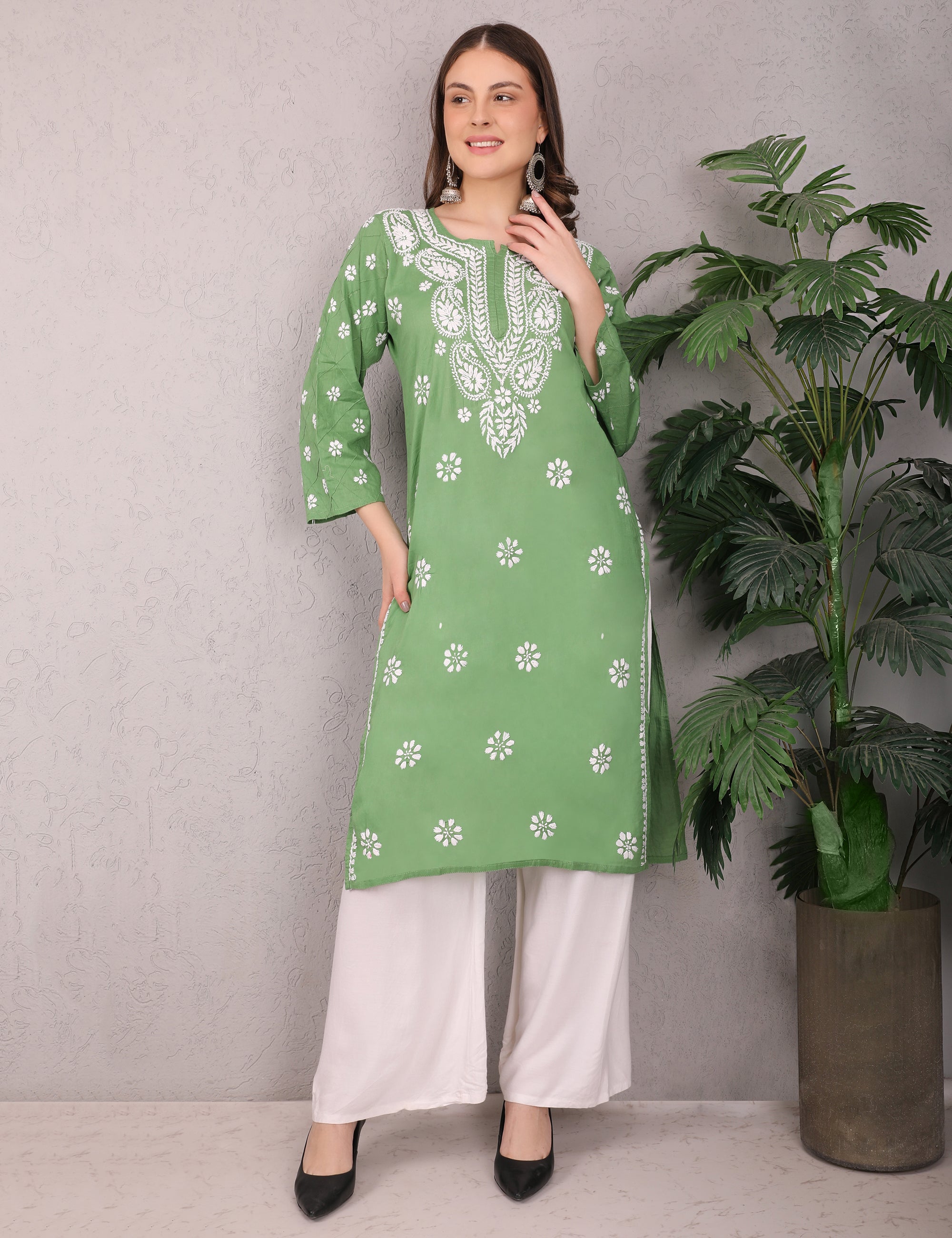 iKRABIB Women's Traditional Chikankari Kurti, 3/4 Sleeves