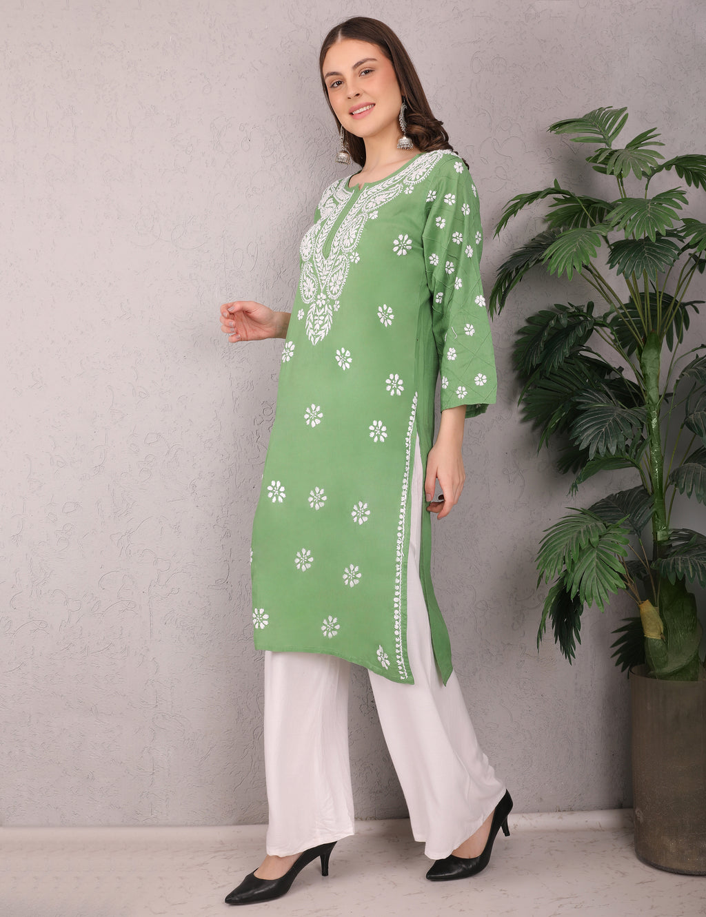 iKRABIB Women's Traditional Chikankari Kurti, 3/4 Sleeves