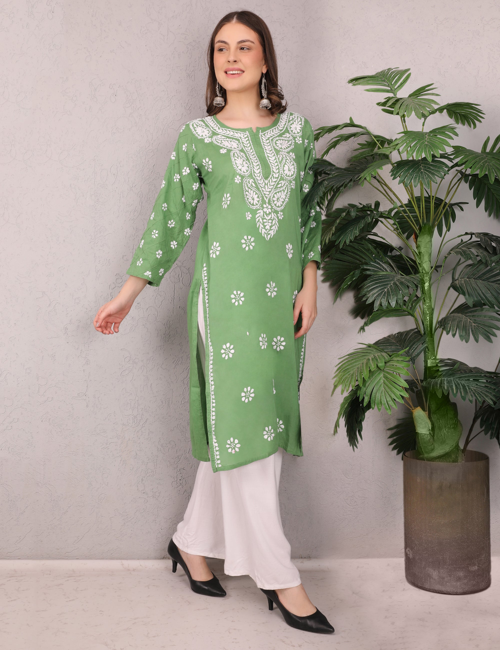 iKRABIB Women's Traditional Chikankari Kurti, 3/4 Sleeves