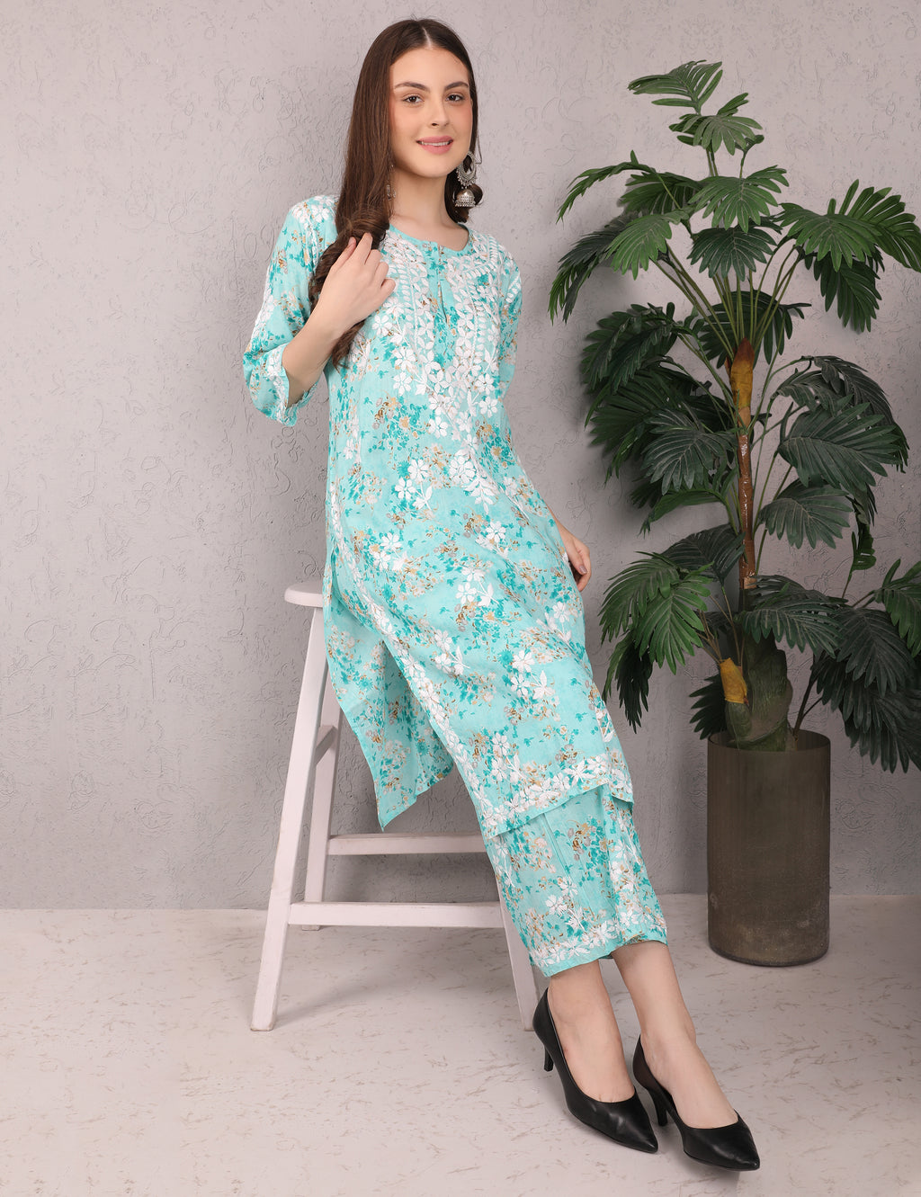 iKRABIB Women's Chikankari Kurti Palazzo Set, 3/4 Sleeves