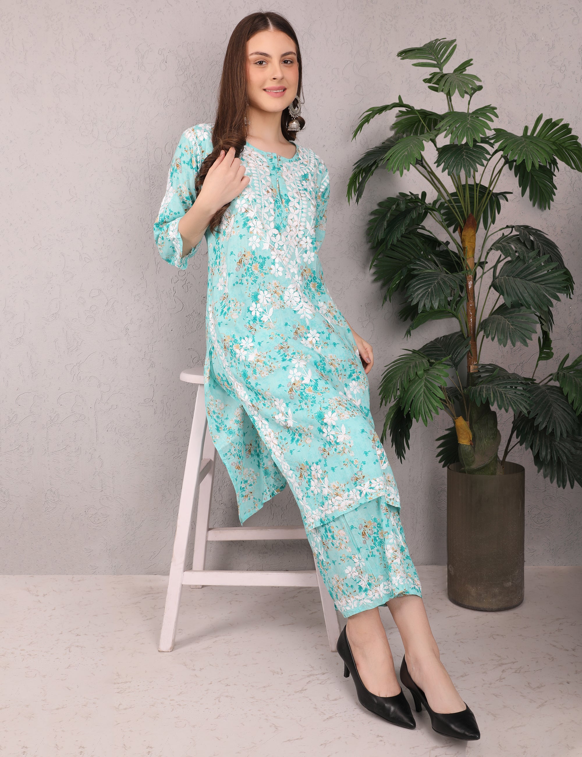 iKRABIB Women's Chikankari Kurti Palazzo Set, 3/4 Sleeves