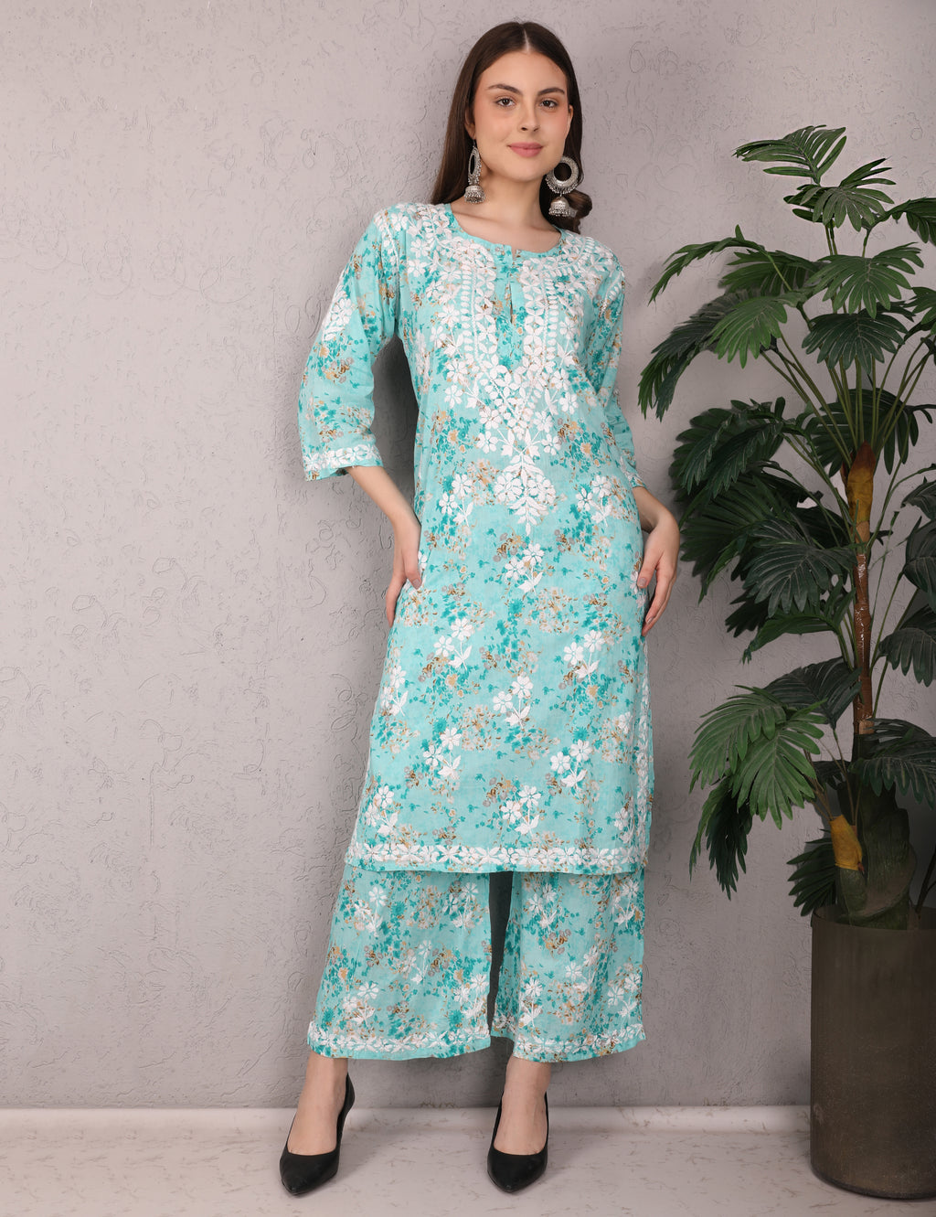 iKRABIB Women's Chikankari Kurti Palazzo Set, 3/4 Sleeves