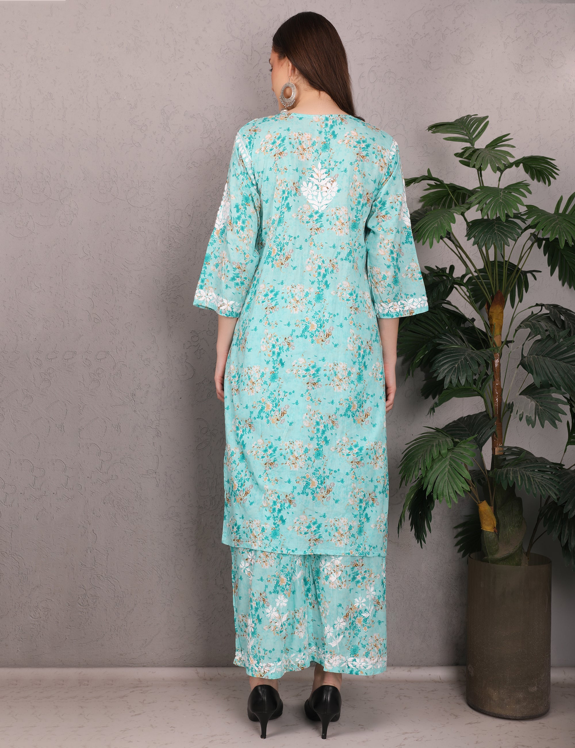 iKRABIB Women's Chikankari Kurti Palazzo Set, 3/4 Sleeves