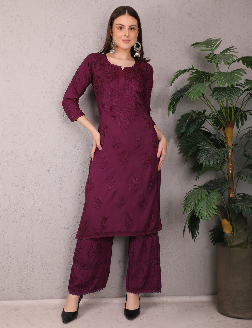 iKRABIB Women's Lucknowi Chikankari Kurti Palazzo Set, Sarara Style, 3/4 Sleeves