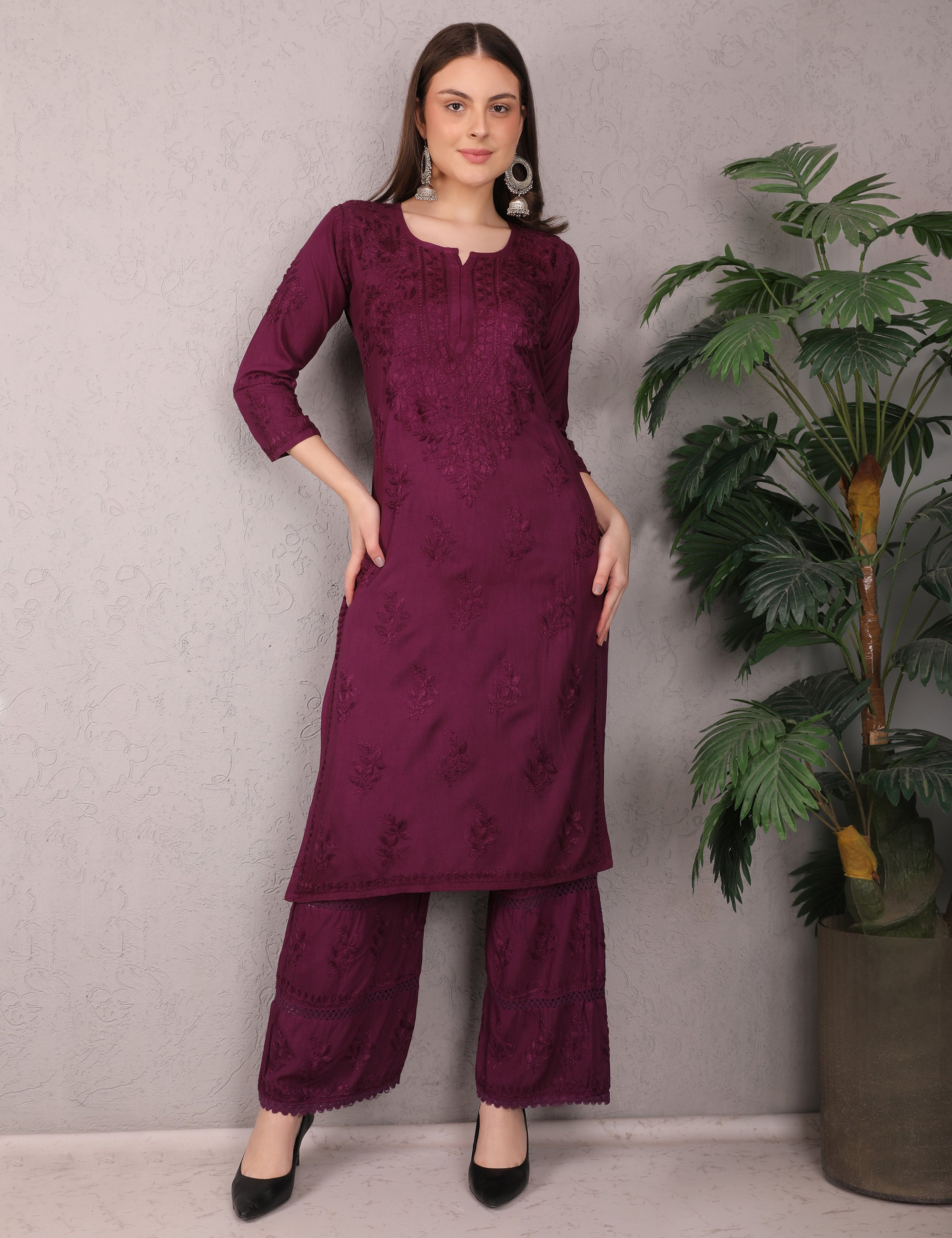 iKRABIB Women's Lucknowi Chikankari Kurti Palazzo Set, Sarara Style, 3/4 Sleeves