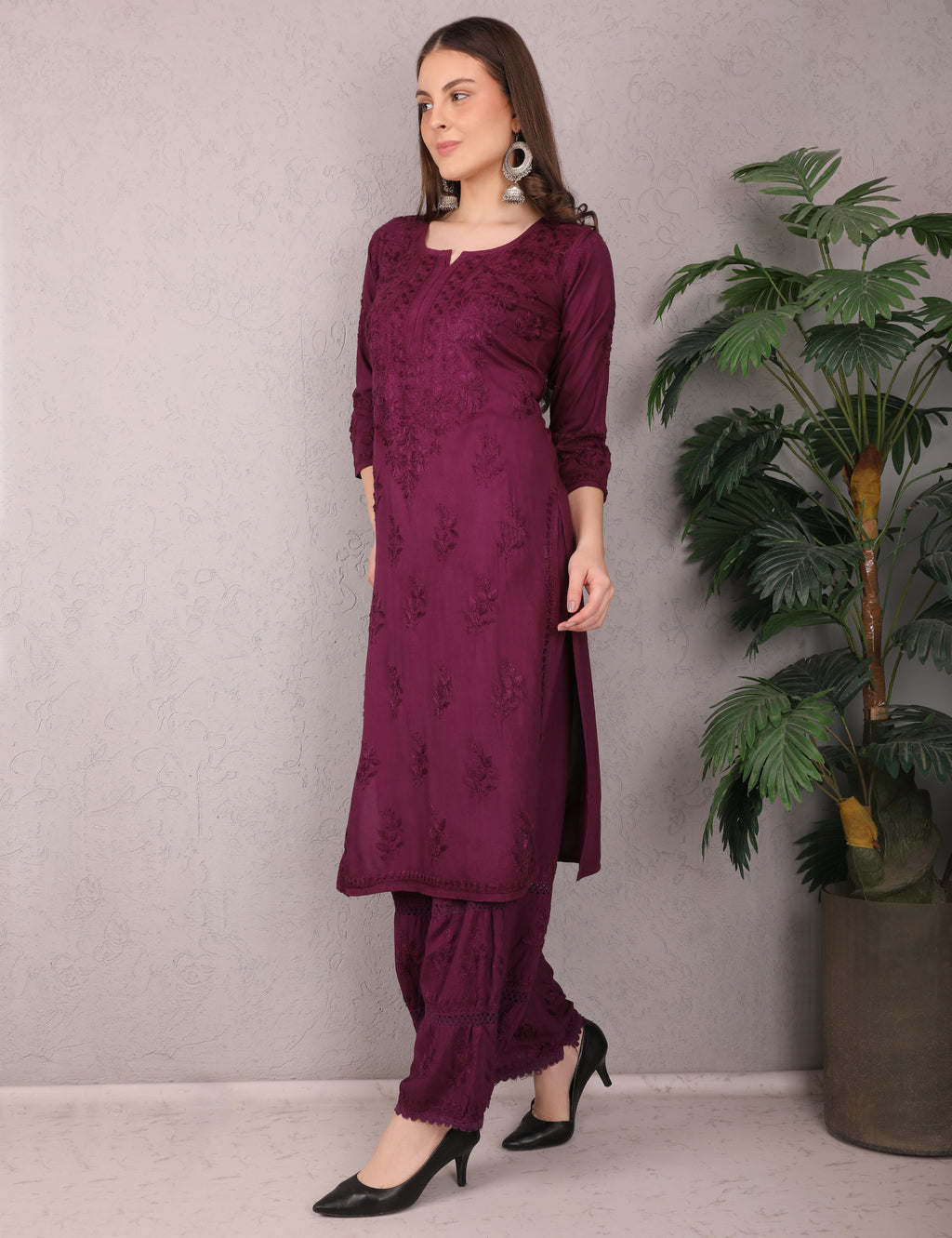 iKRABIB Women's Lucknowi Chikankari Kurti Palazzo Set, Sarara Style, 3/4 Sleeves