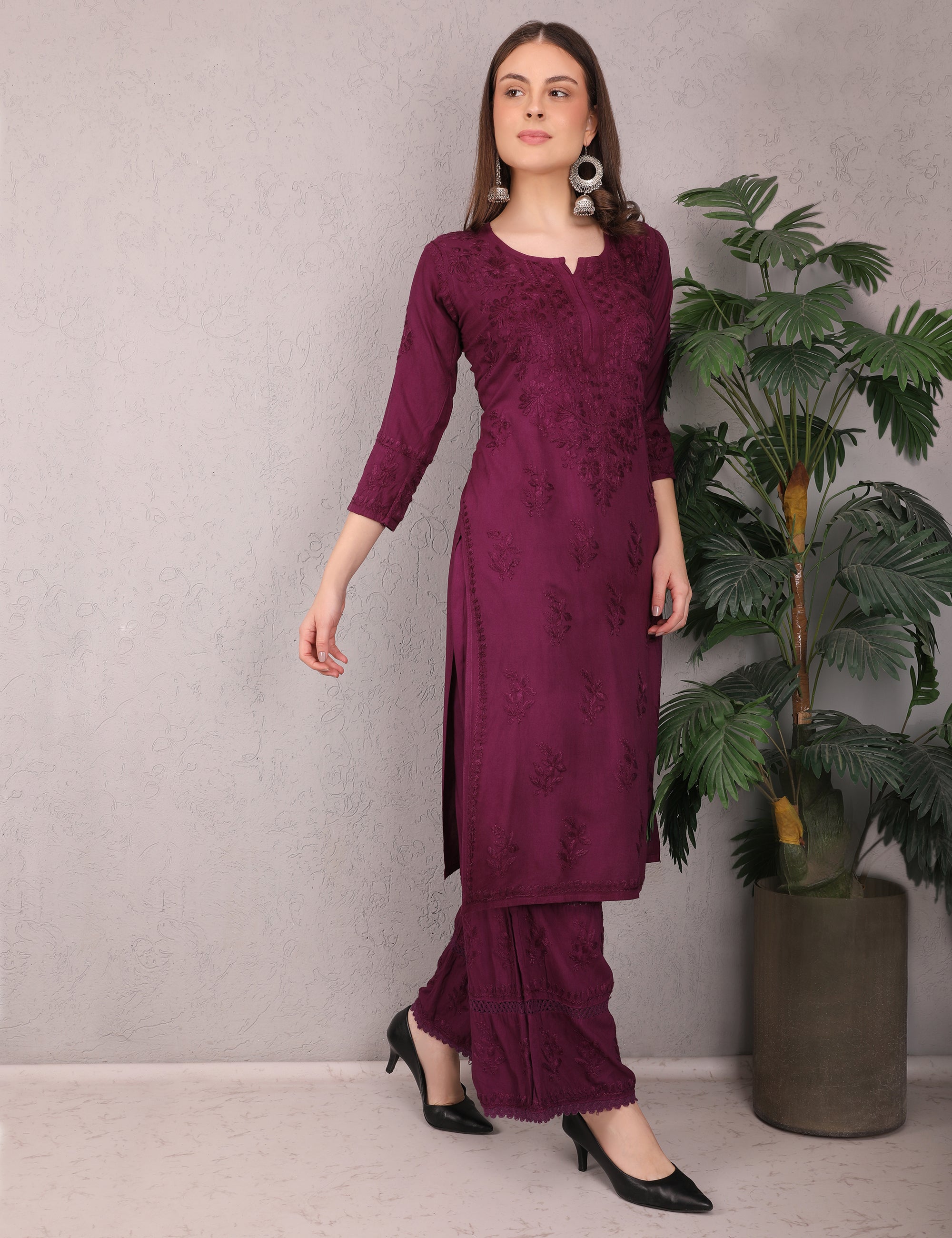 iKRABIB Women's Lucknowi Chikankari Kurti Palazzo Set, Sarara Style, 3/4 Sleeves