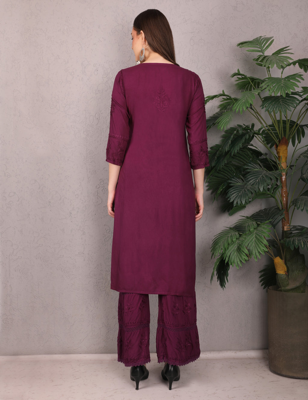 iKRABIB Women's Lucknowi Chikankari Kurti Palazzo Set, Sarara Style, 3/4 Sleeves