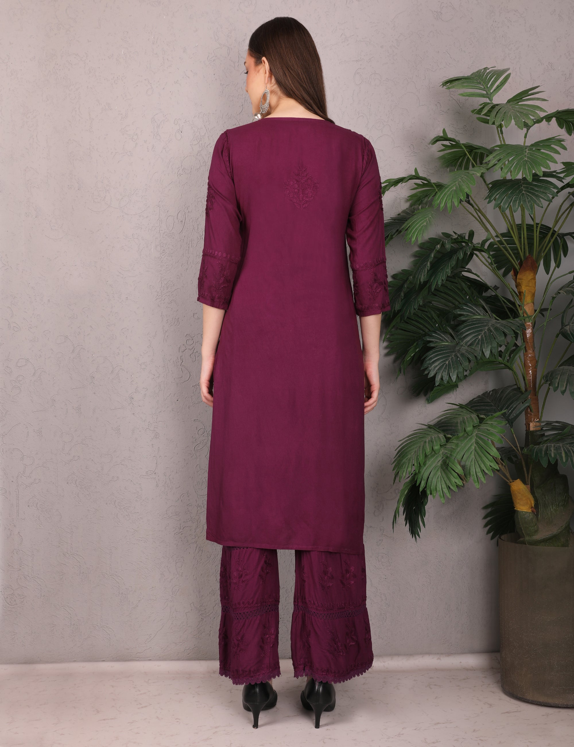 iKRABIB Women's Lucknowi Chikankari Kurti Palazzo Set, Sarara Style, 3/4 Sleeves