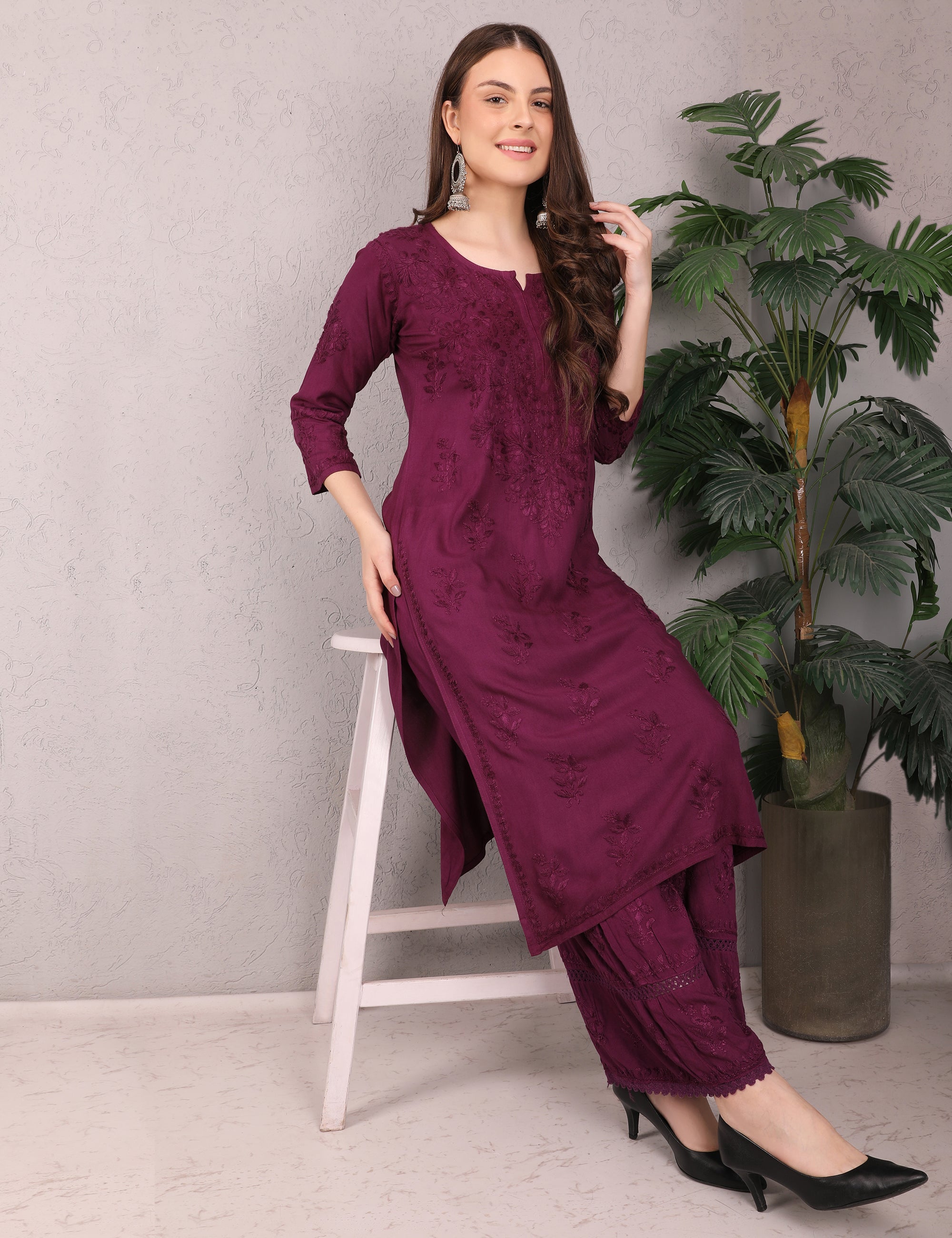 iKRABIB Women's Lucknowi Chikankari Kurti Palazzo Set, Sarara Style, 3/4 Sleeves