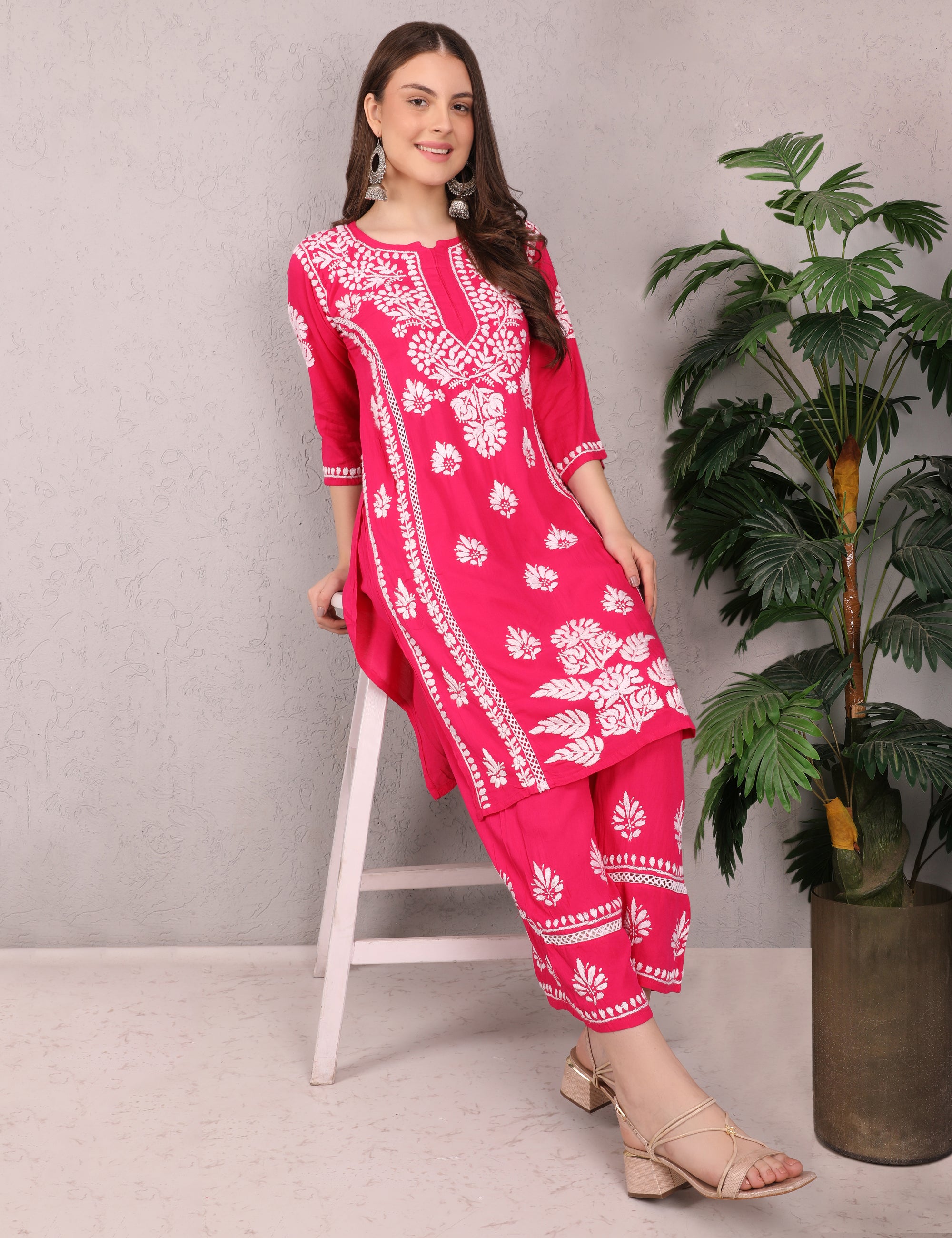 iKRABIB Women's Chikankari Kurti Palazzo Set, 3/4 Sleeves