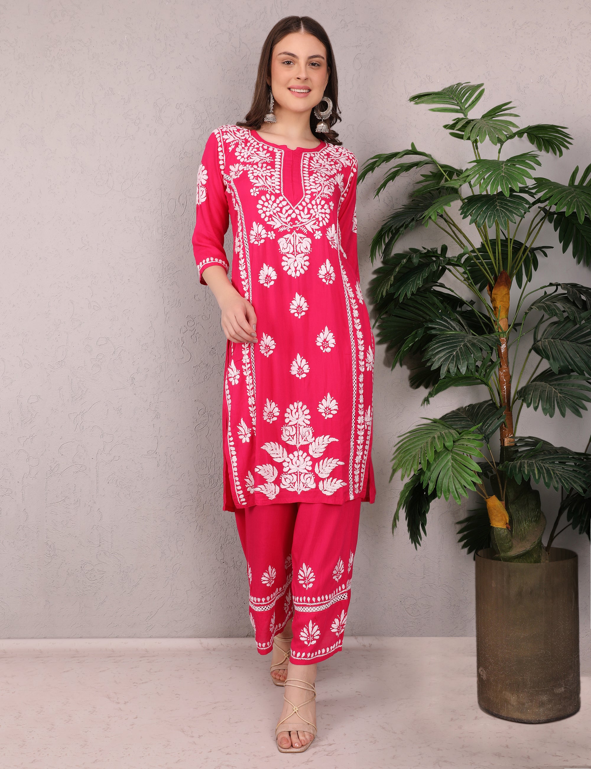 iKRABIB Women's Chikankari Kurti Palazzo Set, 3/4 Sleeves