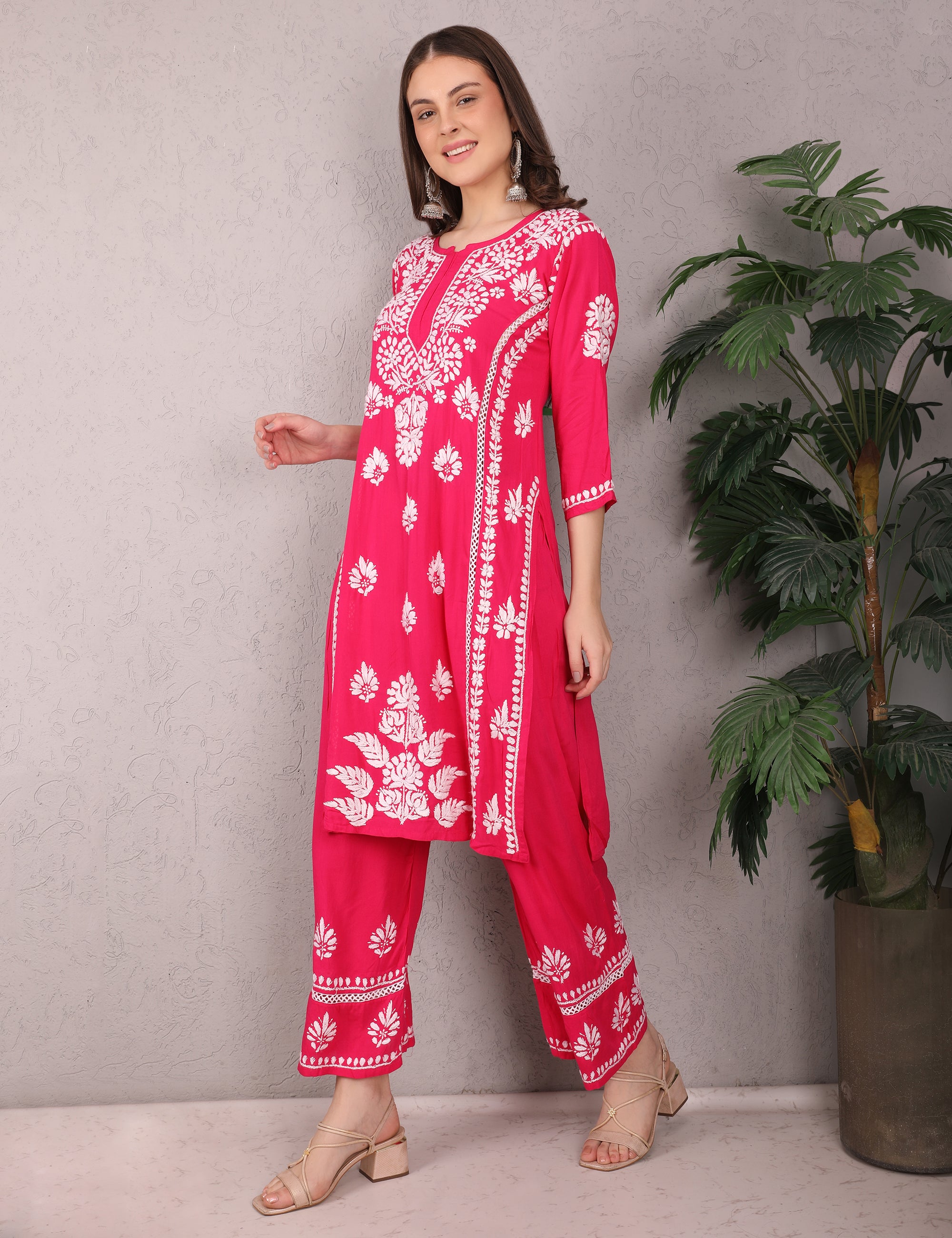 iKRABIB Women's Chikankari Kurti Palazzo Set, 3/4 Sleeves